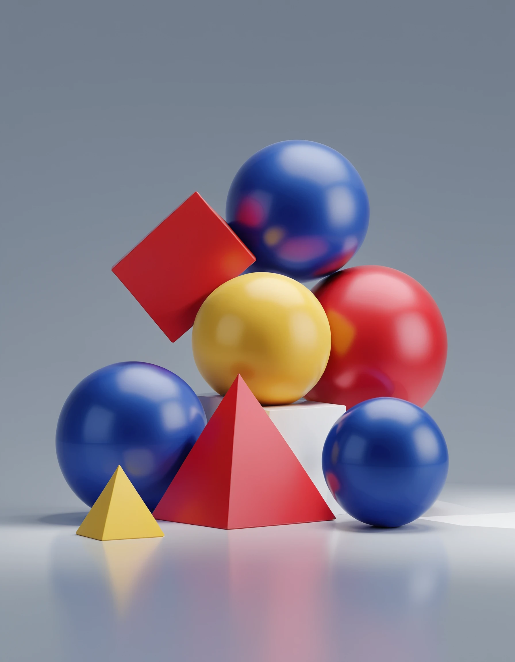 Vibrant 3D render in Cinema 4D featuring a collection of various geometric shapes, including spheres, cubes, and pyramids, arranged in a balanced composition. Each shape is colored in bold primary colors: red, blue, and yellow. The objects are positioned on a reflective surface with a soft gradient background that transitions from light gray to white. The lighting is bright and even, casting crisp shadows that highlight the interaction between the shapes. The focus is on the dynamic contrast of colors and the interplay of different forms, creating a visually engaging and harmonious scene. <lora:3d-render:1>