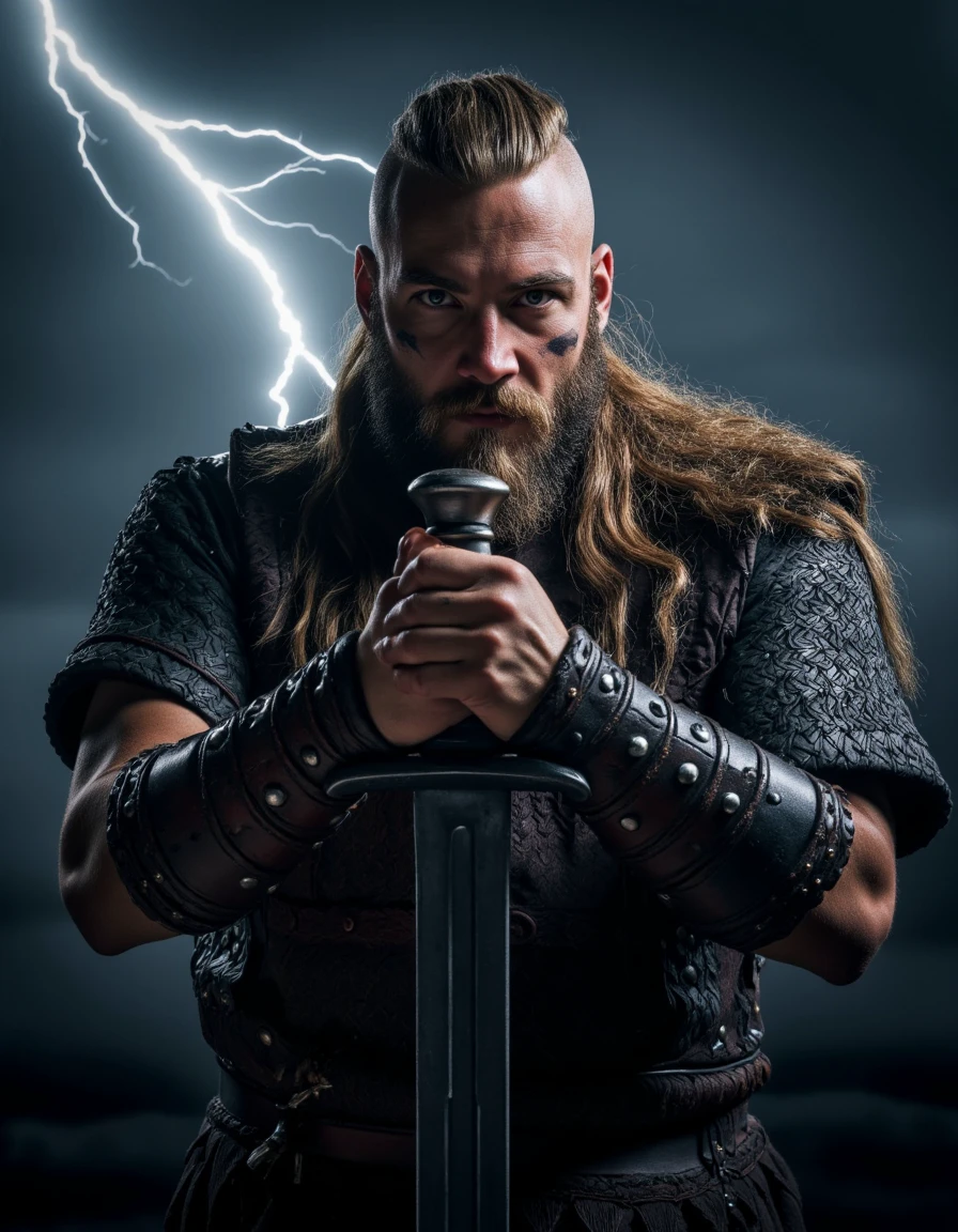 <lora:B4A_Vikings_Style-000017:0.8> b4a_vikings_style, close-up of an old Viking veteran warrior standing tall and proud in his battle armor. He grips his old viking sword tightly. The background is dark, stormy sky, with flashes of lightning illuminating the scene. Norse face tattoos, arms tattooed. <lora:ImageUpgraderV2:1>, detailmaximizer