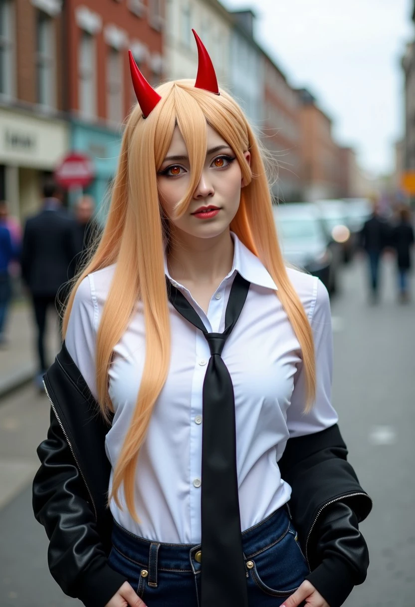 Cinematic shot, realistic photo of 19yo Power_csm confidently walking down a street. She has cross-shaped pupils, horns, sharp teeth, and long blonde hair. She's wearing an untucked white shirt, a tie, and a jacket.