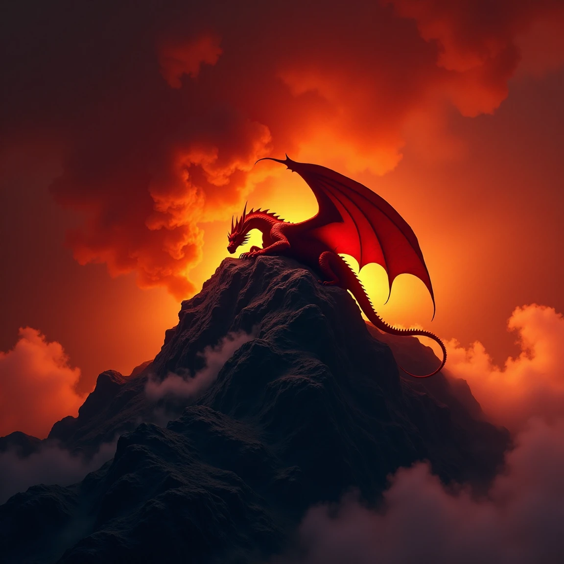 a bright red winged dragon is curled up sleeping on top of a black craggy mountain, there is a great amount of smoke in the air, the sky is a dark red, the scene is reminiscent of the elemental plane of fire from the world of 'Dungeons and Dragons', <lora:Elemental_Planes-Fire:1>