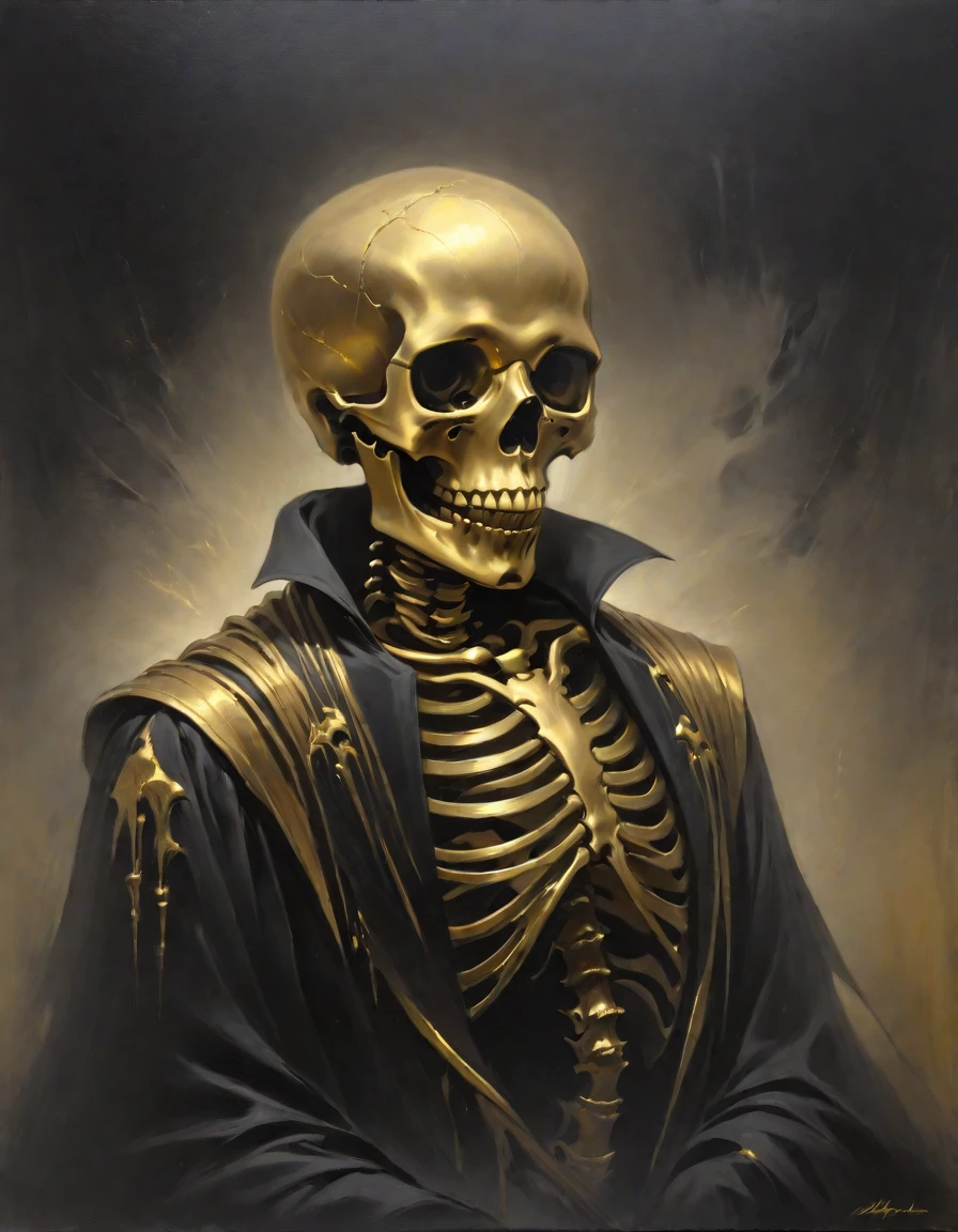 golden-darkness,masterpiece, professional artwork, oil painting, portrait of a skeleton, surrounded by mist, low contrast, horror, dark gothic painting, dark fantasy,<lora:Golden_Darkness_Style_SDXL:0.8>