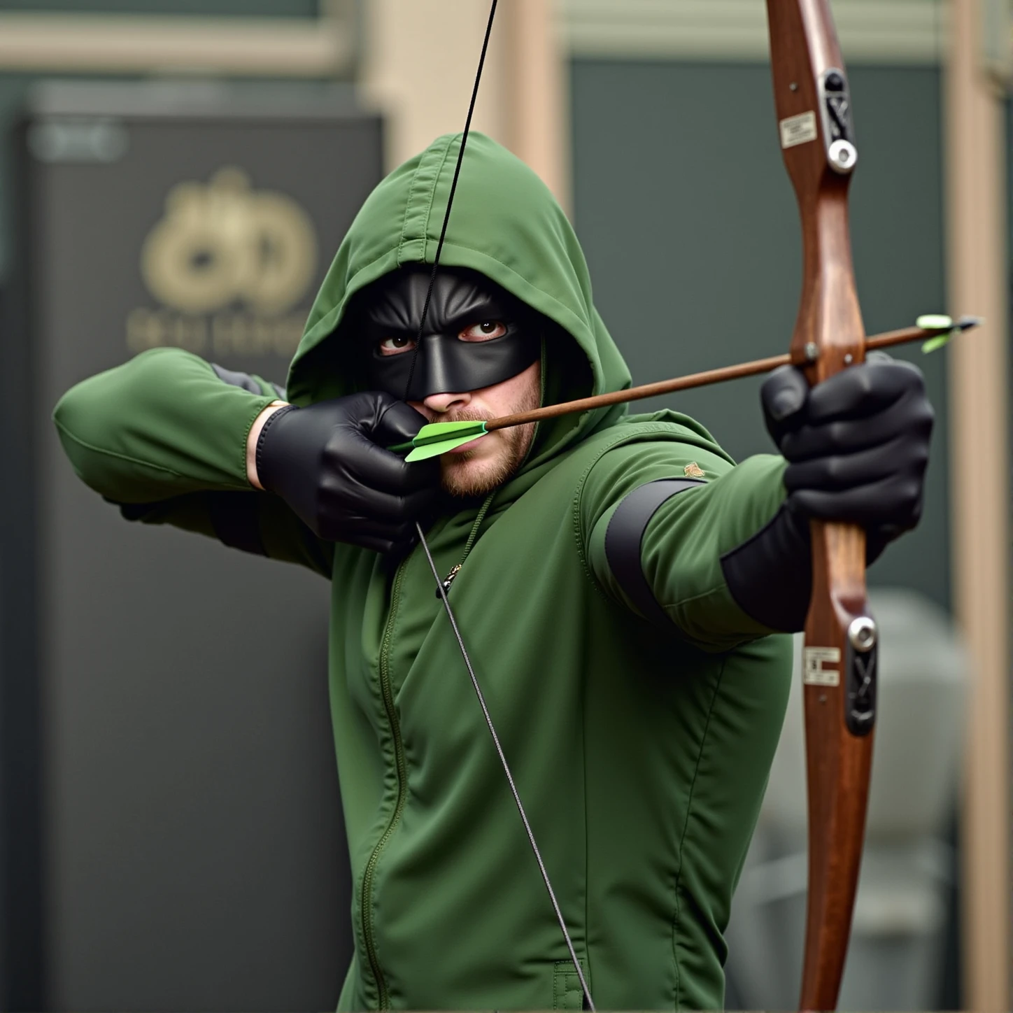 <lora:bow and arrow v1:1>
Archery a man in a green hoodie pointing a bow and arrow, solo, looking at viewer, black hair, gloves, 1boy, holding, closed mouth, jacket, upper body, weapon, male focus, black gloves, hood, holding weapon, blurry, mask, muscular, blurry background, facial hair, beard, hood up, bow (weapon), arrow (projectile), holding bow (weapon), domino mask, holding arrow, bow to shoot arrows, perfect hands, detailed hands, detailed image, sharp image, perfection, different, green arrow, aiming, drawing bow