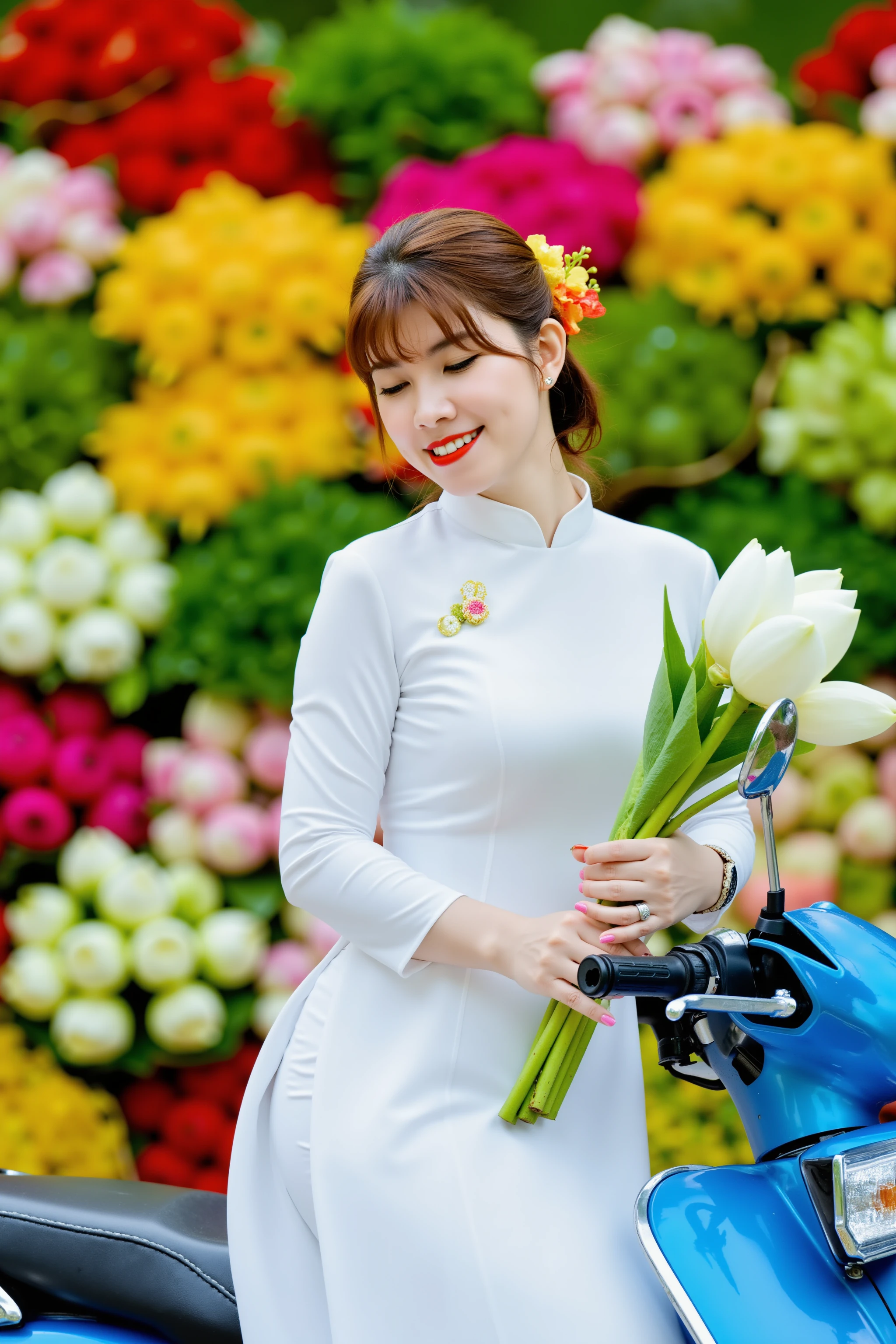 HanoiGirl, aodai, A vibrant outdoor scene featuring a young woman wearing a traditional white aodai, sitting gracefully on a blue motorbike. She holds a bouquet of white lotus flowers, relaxed mood with closed mouth. The background is filled with an array of colorful flowers, creating a lively and joyful atmosphere. The setting is lush and green, with the vivid colors of the flowers adding contrast to the woman's elegant and serene appearance