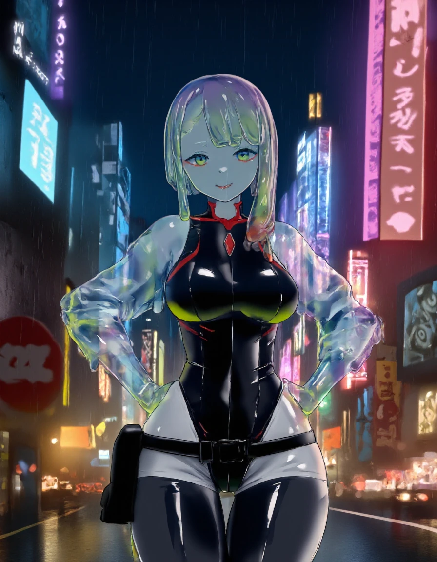 1girl, solo, lucy_flux, medium hair, sidelock, two-tone hair, gradient hair, mekeup, red eyeliner, red lips, android, medium breasts, highleg leotard, black leotard, belt, highleg shorts, white shorts, thickhighs, white jacket, cropped jacket, standing, city, low angle, rain, wet, serious, neon lights, cyberpunk, anime style, hands on hip, cowboy shot, transparent skin, slime girl, wizardslimus, slime skin, white skin color, slime skin,transparent head, transparent,(transparent body:1.5), transparent hair, transparent face, mature, transparent,  <lora:Lucy__Cyberpunk_Edgerunners_FLux:1.1>,  <lora:wizatdslimus15-flex:1>
