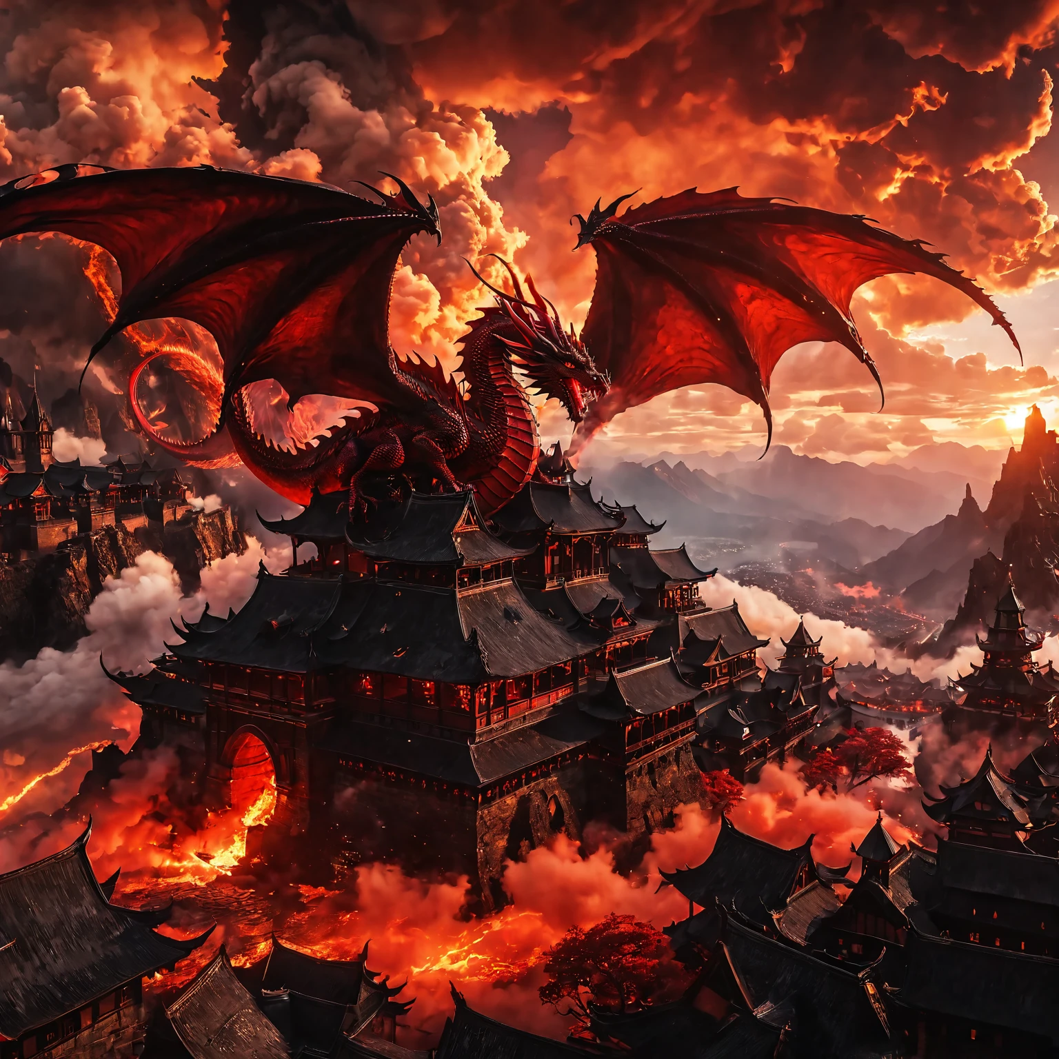 Role-playing game (RPG) style fantasy red theme, setting sun, cloudy sky, red clouds, red smoke, (a giant winged red dragon: 1.1), (is flying over a city made of black stone buildings: 1.1), fire, black craggy mountains, <lora:fireSDXL:1>, elementalplanefire, best quality, masterpiece, 4k, uncensored, prefect lighting, rating_explicit, very aesthetic, detailed, <lora:add_details_xl:0.6>, very detailed, <lora:SDXLHighDetail_v5:0.6> . Detailed, vibrant, immersive, reminiscent of high fantasy RPG games