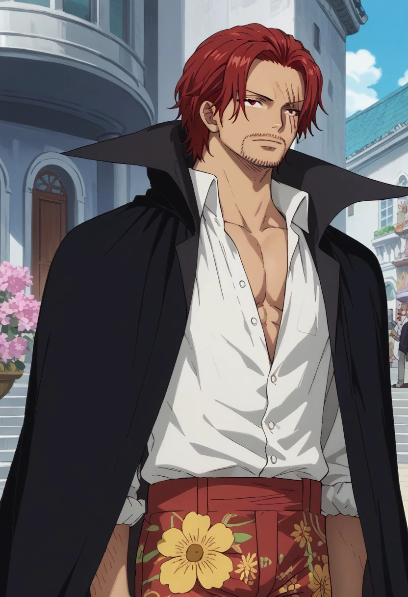 score_9, score_8_up, score_7_up, source_anime, rating_safe, ShanksOP, red_Shanks_hair, black_Shanks_facial hair, dark brown_Shanks_scar across eye, hair over scar, 1boy, male focus, anime screencap, black_Shanks_cloak, untucked, dress shirt, red_Shanks_pants, Shanks_floral print on pants