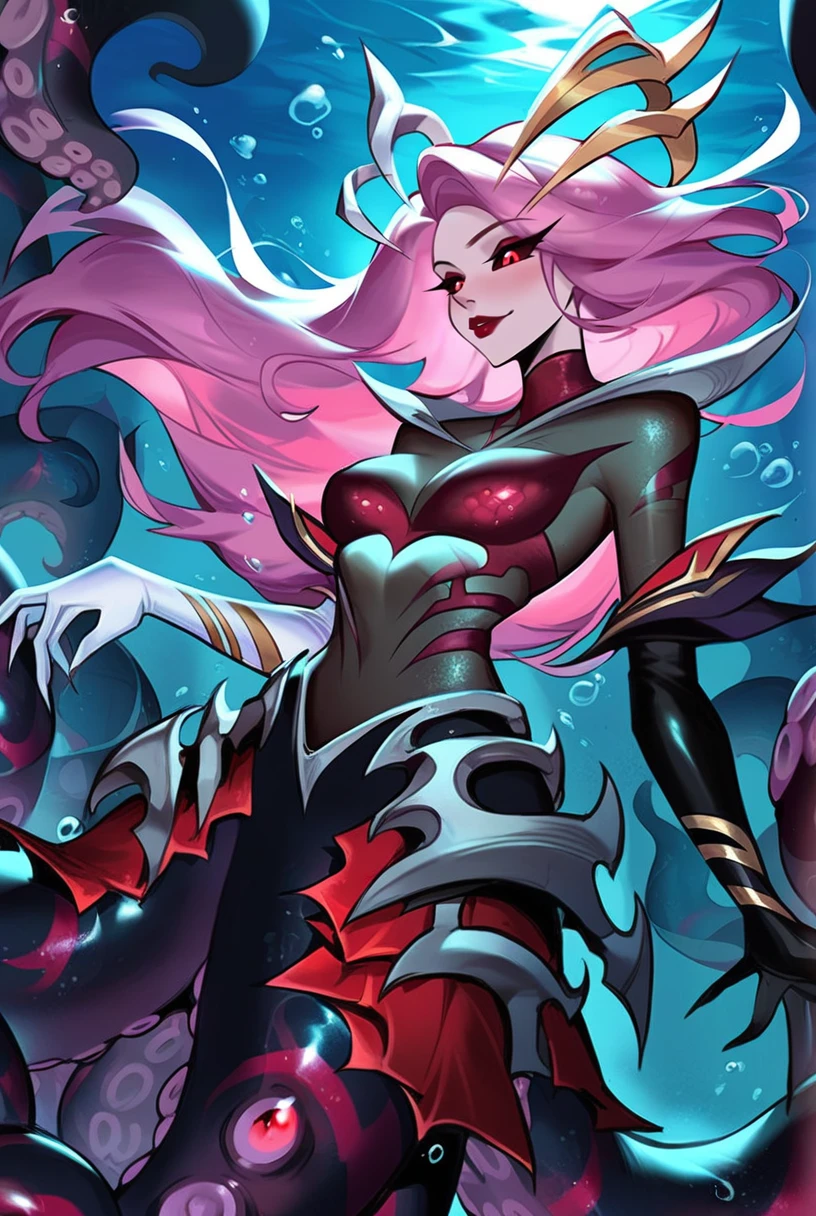 score_9, score_8_up, score_7_up, c0venn4mi, coven nami, 1girl, monster girl, red eyes, colored sclera, black sclera, (tentacles:1.2), bodysuit, long hair, pink hair, red lips, makeup, gloves, elbow gloves, 
<lora:Manwha_Anime_Style:0.65>, underwater, bubble, water, solo, ((night)), full body, ((octopus girl, scylla)), <lora:Nami_Coven_v2:0.95>, looking away, manhwastyle, backlight