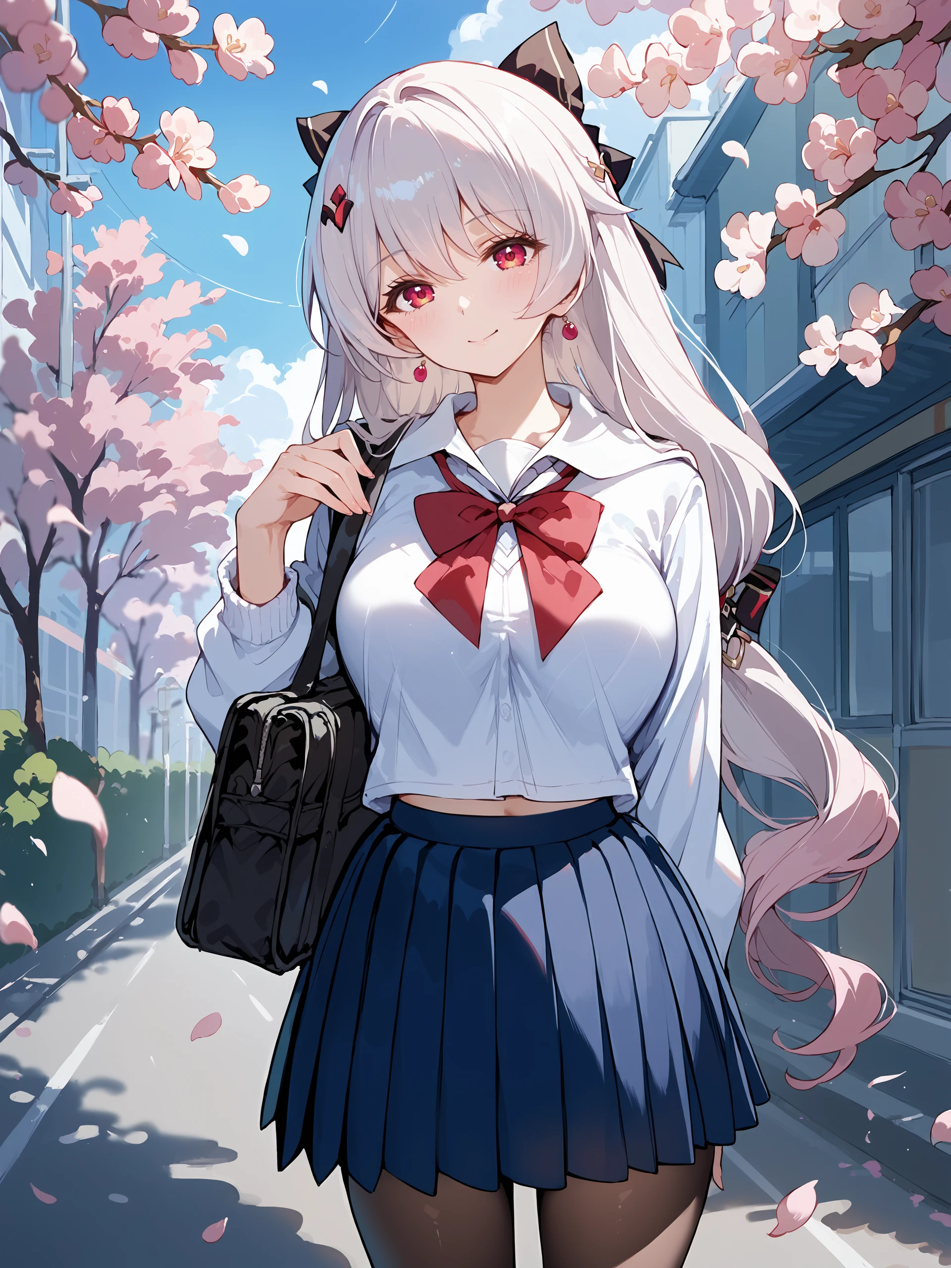 score_9, score_8_up, score_7_up, source_anime, 1girl, theresa apocalypse, solo, hair bow, school uniform, white shirt, sweater, pleated skirt, pantyhose, light smile, looking at viewer, outdoors, street, cherry blossoms, petals, depth of field <lora:Char-Honkai-Theresa-Pony-V1:0.9>