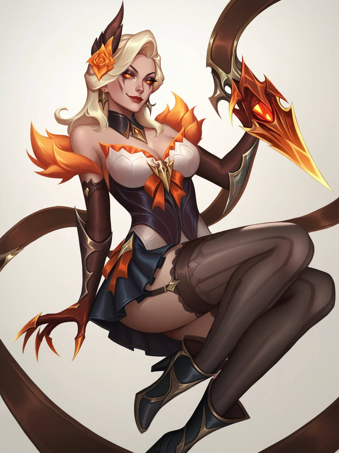 score_9, score_8_up, score_7_up, BREAK, EvelynnHighNoon, 1girl, Solo, blond hair, hair decoration, black makeup, facial marks, necklace, short dress with orange fur, long gloves, mitts, orange claws, black pantyhose, black shoes, two demonic tails, smirk  <lora:EvelynnHN:1>