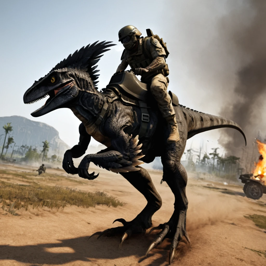 Black Raptor, evil, fires, battlefield, Soldier riding raptor,  <lora:Raptor_ark_SDXL-000004:0.6>