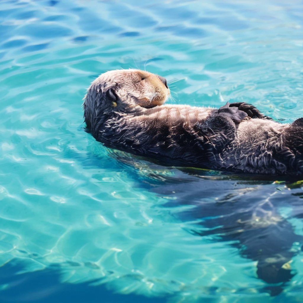 raw photography, film photography, film grain, close-up, dutch angle, 
floating on the water, Sea otter, ocean, blue background, (sunlight, reflection:1.4), <lora:Floating_on_the_water:1>