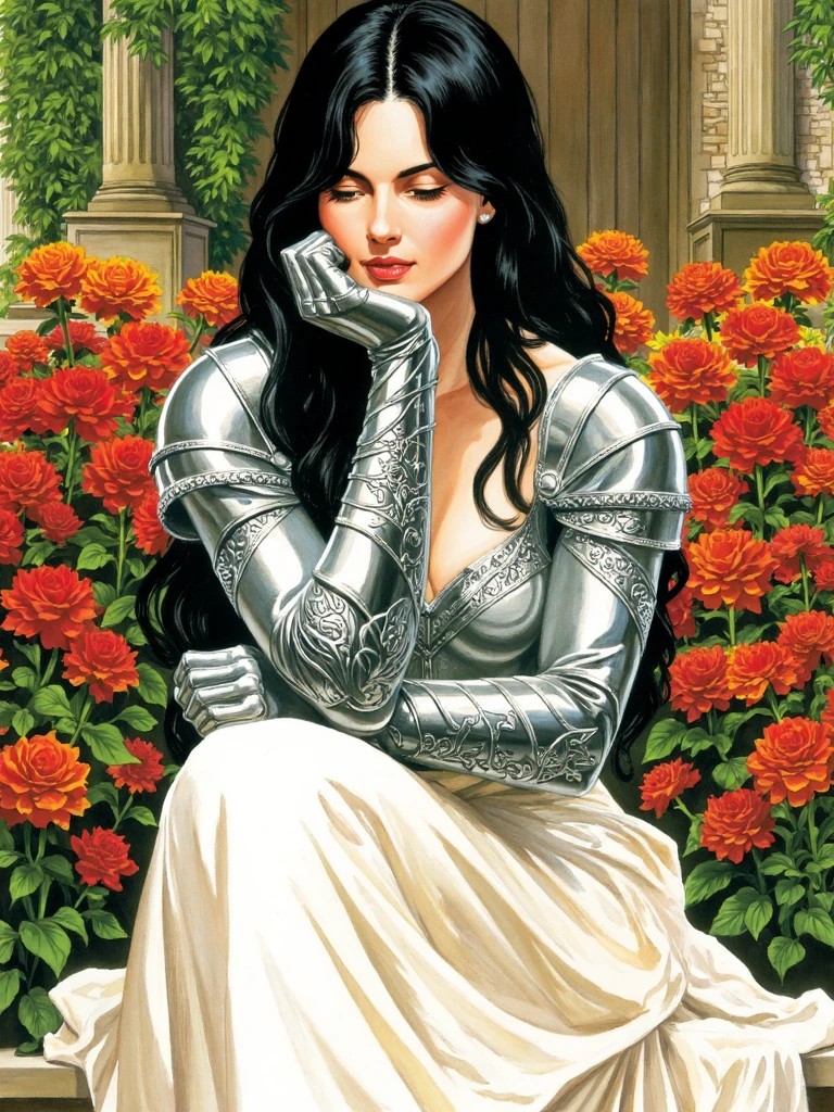 alexross style, vintage comicbook illustration, portrayal of a female figure in a garden setting. She is adorned in ornate silver armor with intricate designs complemented by a flowing white dress. Her long dark hair cascades down her back and she is depicted in a contemplative pose resting her head on her hand. The garden is lush with vibrant orange and red flowers and the background is a blend of green foliage and a hint of a stone wall. The color palette is rich and warm with the metallic sheen of her armor contrasting against the bright hues of the flowers and the earthy tones of the garden <lora:sxz-Alex-Ross-Flux:1>