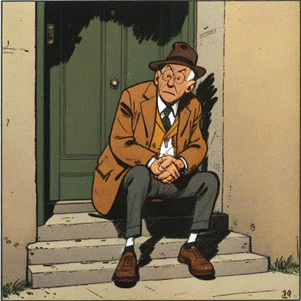 old man sitting at the step, solo <lora:GilJordan:1> comic book stye