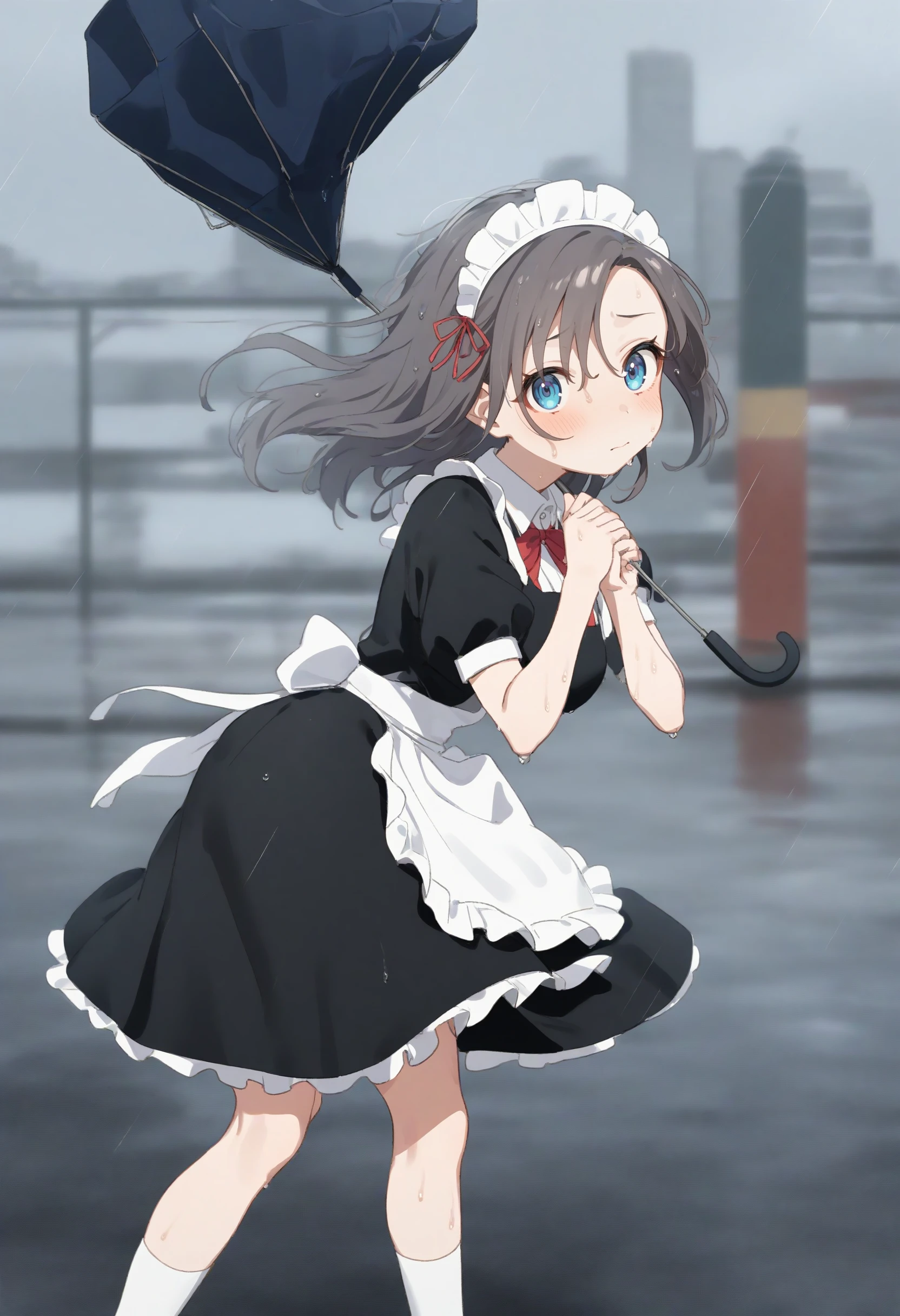 1girl,sincos, ningen mame, toosaka asagi,solo,medium breasts,20yo,maid,maid headdress,
cloudy sky ,floating hair ,leaning to the side,typhoon, storm ,raincoat,broken umbrella,umbrella,holding umbrella,rain,outdoors,wet,wind,wind lift, leaning forward, <lora:brokenumbrella_XL_v1:0.8>
from behind, wide shot, looking up, gray hair, golden eyes,panicking, college, closed mouth, bow-shaped hair,,
best quality, very aesthetic, absurdres