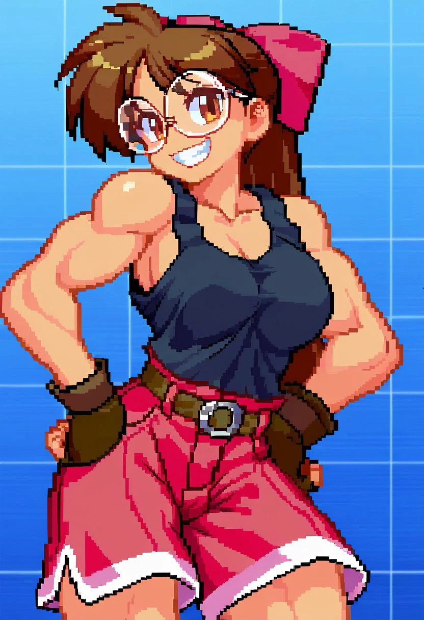 asuka kazama,1girl,solo,black pants,blue shirt,sleeveless,medium breasts,heavy blush,(brown eyes:1.2),((arms up)), sweat, sweaty, no bra, nipple hard, smile