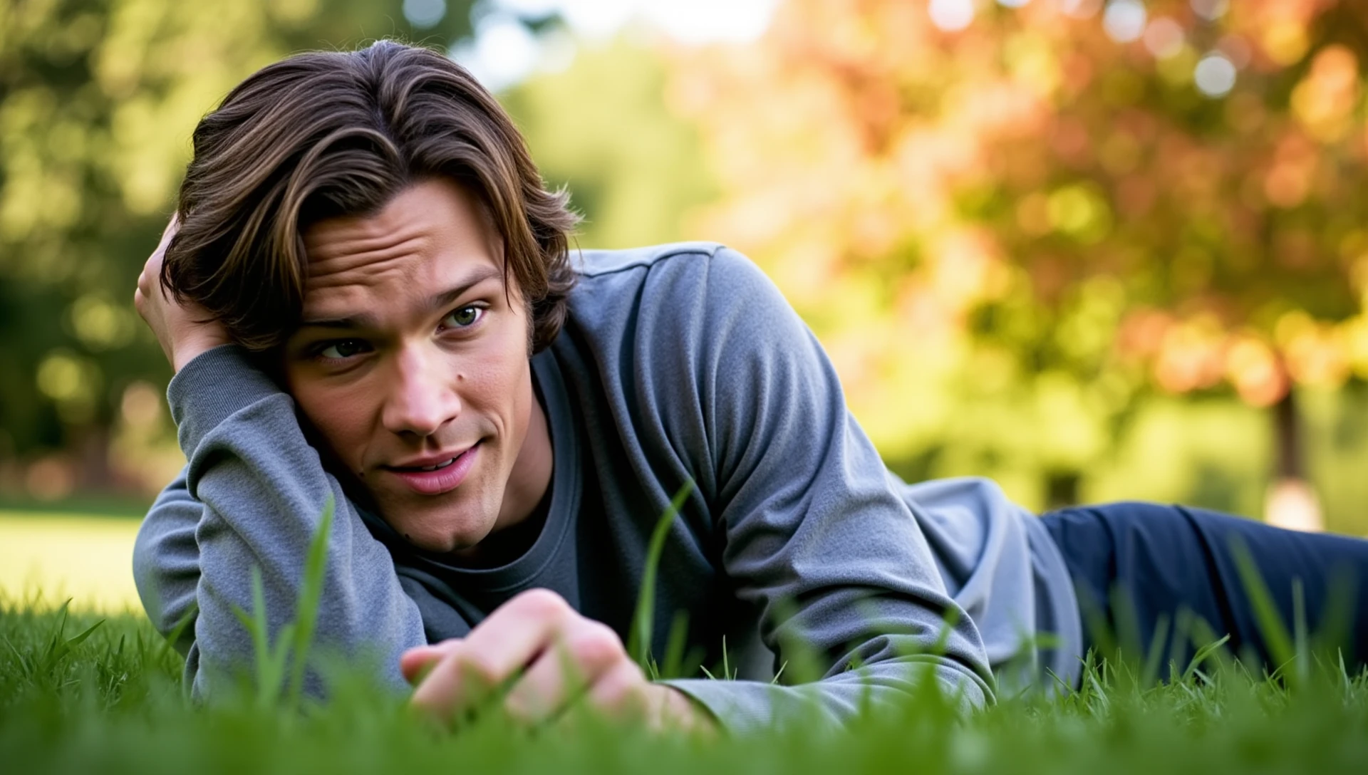 (padalecki, 21 yo male model, athletic) casual clothes, resting head on arm, smile, looking at viewer. Lying on stomach on grass, in a meadow, maple trees in the background. He is very close and slightly above the viewer. The sun shines on his face. Close-up portrait, raw photo, macro shot, face focus.