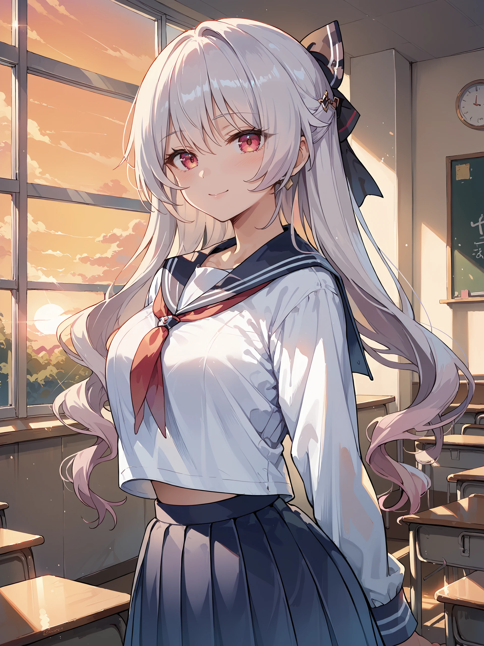 score_9, score_8_up, score_7_up, source_anime, 1girl, theresa apocalypse, solo, hair bow, school uniform, serafuku, cowboy shot, backlighting, sunbeam, sunset, classroom, indoors, window, light smile, blush, looking at viewer, facing viewer <lora:Char-Honkai-Theresa-Pony-V1:0.9>