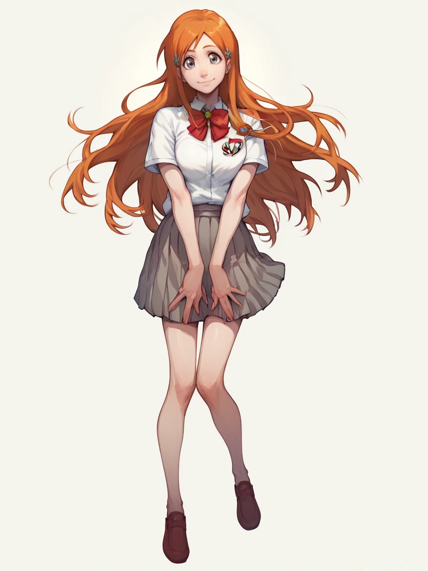 score_9, score_8_up, score_7_up, score_6_up, score_5_up,    <lora:orihimeXLP:1> orihime, 1girl, long hair, solo, orange hair, hair ornament, school uniform, grey eyes, smile, full body,