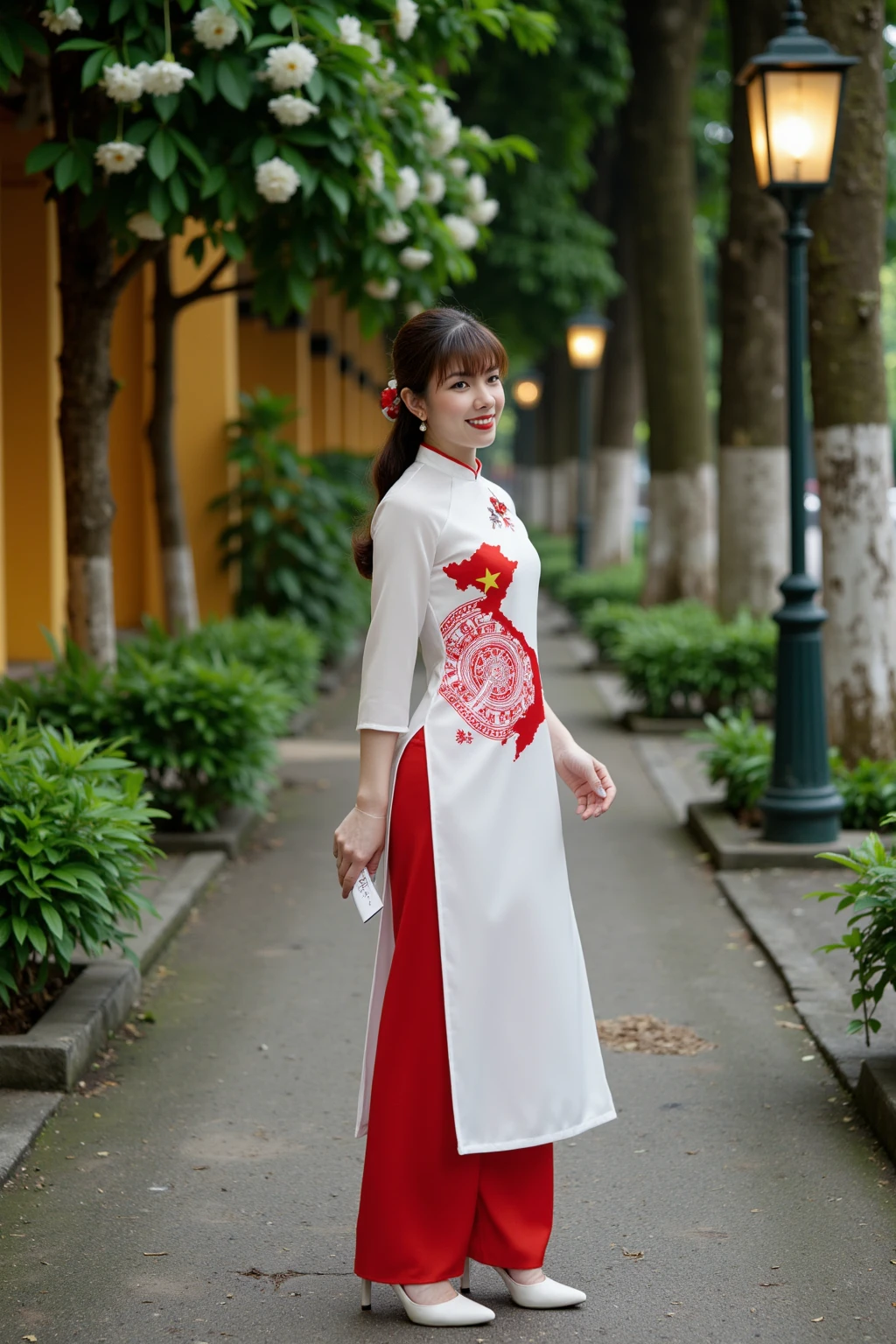 HanoiGirl,The scene captures a serene moment in the heart of Hanoi’s old town. A young woman stands gracefully on a paved path, surrounded by lush greenery. She wears an elegant traditional Vietnamese dress called an “Ao Dai.” The Ao Dai is a symbol of Vietnamese culture and heritage, and this particular one is a beautiful blend of white fabric adorned with vietnam map red patterns. The dress flows down to her ankles, its long sleeves gently swaying in the evening breeze.

The woman’s face remains hidden, perhaps adding an air of mystery to the composition. The overall ambiance is enchanting—the soft glow of streetlights illuminating the ancient architecture, the faint scent of blooming flowers, and the distant hum of city life.

In this snapshot, tradition meets modernity, and the past intertwines with the present. It’s a captivating glimpse into the timeless charm of Hanoi, where history and beauty coexist harmoniously.