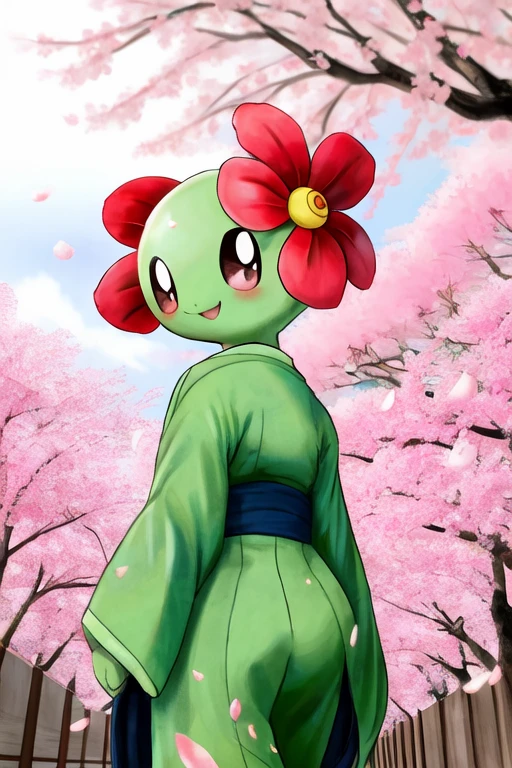 a smiling bellossom wearing a green kimono, cherry blossoms, looking back at viewer
in a cherry blossom orchard in Japan
by pokémon, by pokemon
<lora:bellossom:0.5>