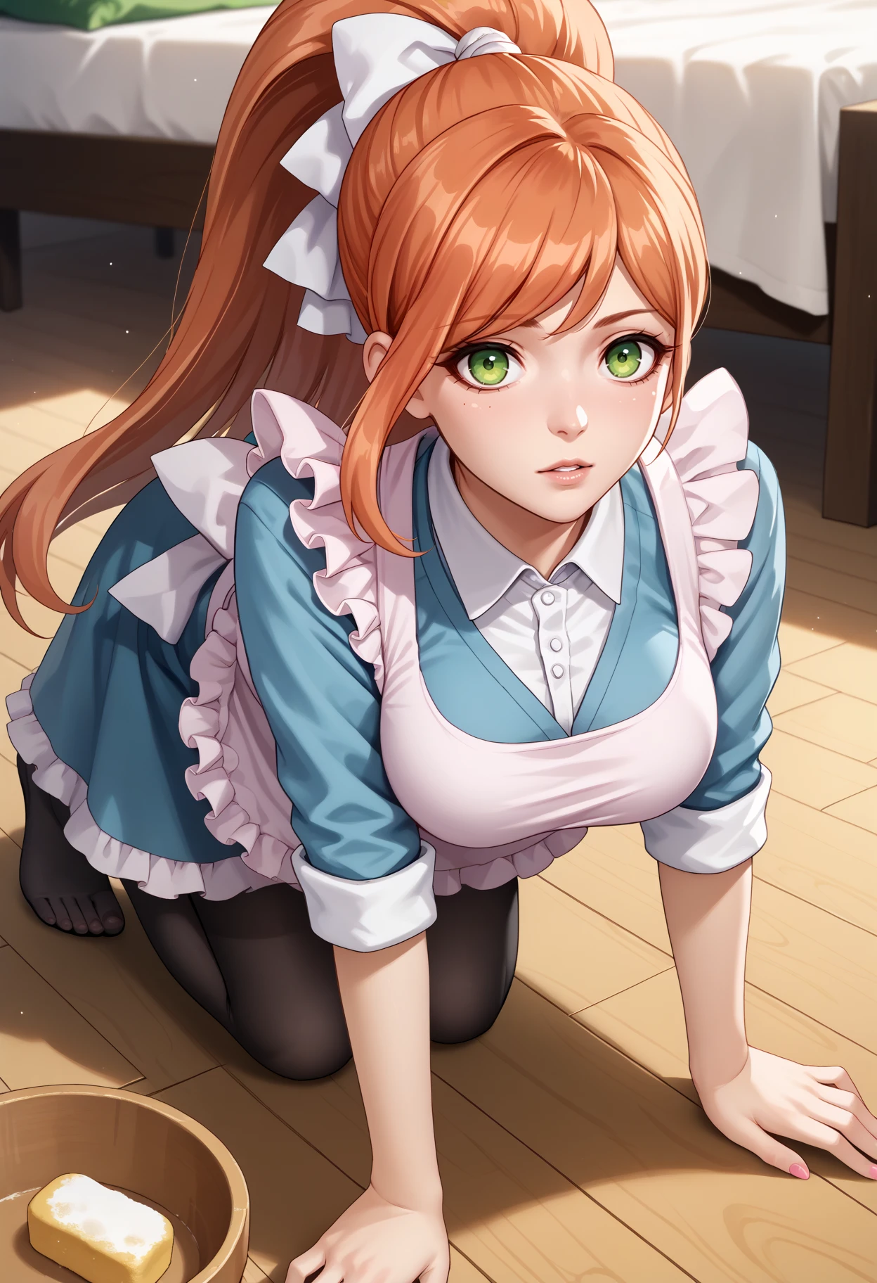 score_9, score_8_up, score_7_up, source_anime, 1girl, all fours, looking at viewer, parted lips, <lora:ChisaDR-pdxl:1> chiDR, orange hair, long hair, high ponytail, hair ribbon, white ribbon, green eyes, collared shirt, white shirt, blue dress, large breasts, frilled apron, sleeves rolled up, pink nails, black pantyhose, wooden floor, sponge, indoors