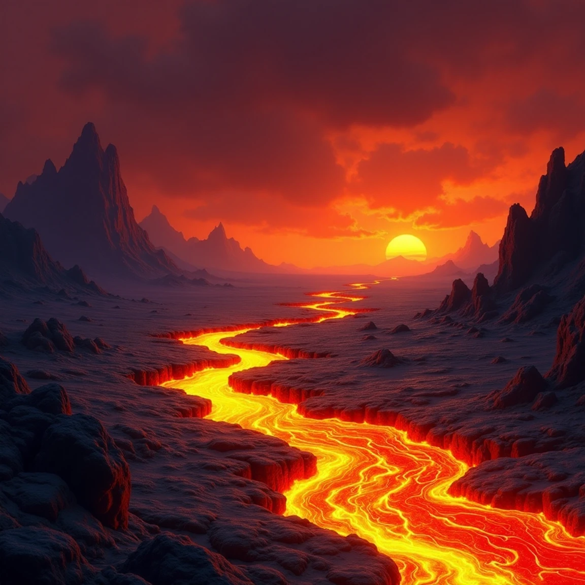 a wide flow of lava travels through a rocky plain in the style of fantasy art, the sky is a dark red, there are distant rocky mountains, the sun is setting, the scene is reminiscent of the elemental plane of fire from the world of 'Dungeons and Dragons', <lora:Elemental_Planes-Fire:1>