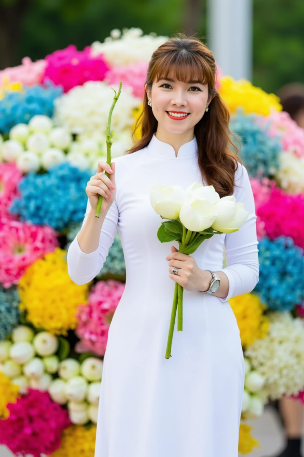 HanoiGirl, aodai,a young woman wearing a white traditional Vietnamese dress. Hand holding white lotus bouquet. She is standing in front of a large bouquet of colorful flowers. The woman is smiling and looking at the camera. The bouquet is made up of different types of flowers in shades of pink, blue, yellow, and white. The background is blurred, but it appears to be an outdoor setting with trees and people visible. The overall mood of the image is cheerful and vibrant.