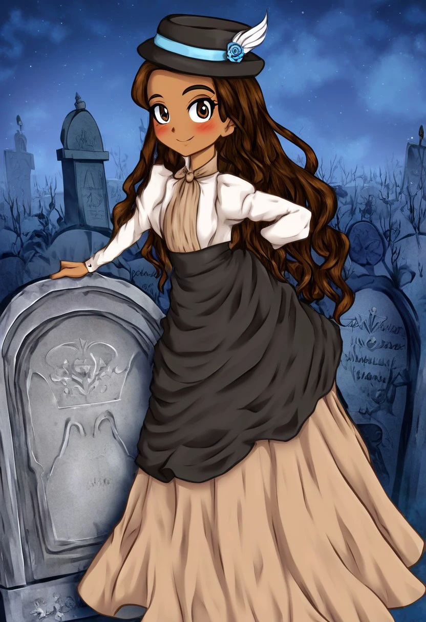 high definition franimel, dress, long hair untill hips, brown skin, brown eyes, blush, hat, dramatic illumination, full body, victorian graveyard, standing aside a tombstone, detailed background, night, playing with hair, cute smile, look at viewer