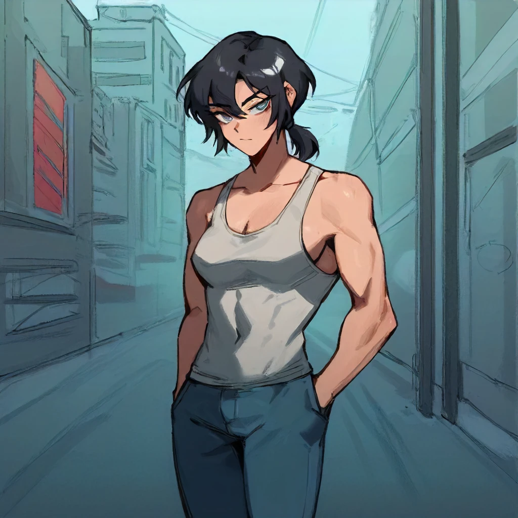 score9, portrait, (cowboy shot:1.2), looking at viewer, clean lines. BREAK  1girl, young woman, gray-blue eyes, black hair, short hair, low ponytail, sidelock, athletic build, dark blue jacket, tank top, jeans, hands in pockets, city background.    <lora:Limbus_Style_Vellmori:1> pmvell