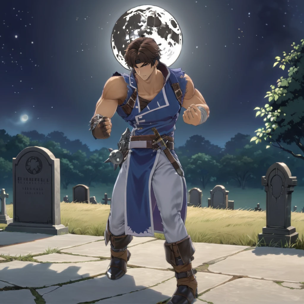 1boy, RichterBelmontXL, standing over grave, serious face, moonlight <lora:RichterBelmontXL:.9>, brown hair, (anime, masterpiece, intricate:1.3), (best quality, hires textures, high detail:1.2), (4k),(incredibly detailed:1.4),UHD, 8K, ultra detailed