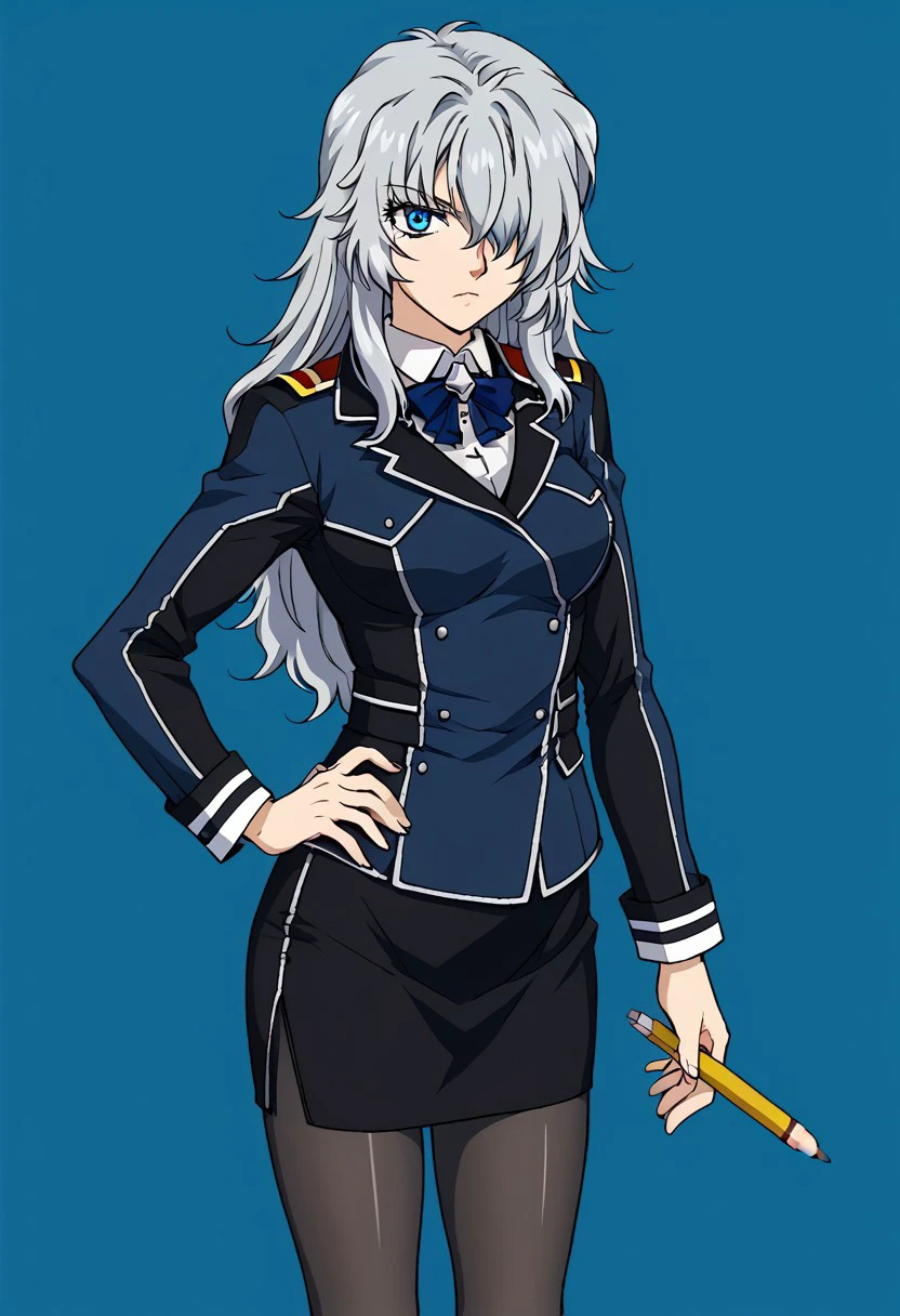 score 9, score 8 up, score 7 up, mobile suit gundam 00, chall acustica, 1girl, pantyhose, uniform, skirt, blue eyes, hair over one eye, long hair, military uniform, military, pencil skirt, grey hair, bow, hand on hip