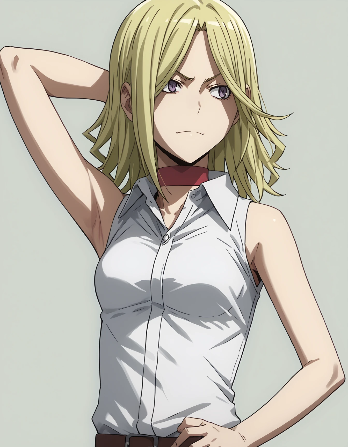 <lora:Vorona Durarara-000002:1>,  vorona durarara, sleeveless shirt, red choker, one arm behind head, looking away, simple background,  smirk, one arm on hip, score_9, score_8_up, score_7_up, source_anime,