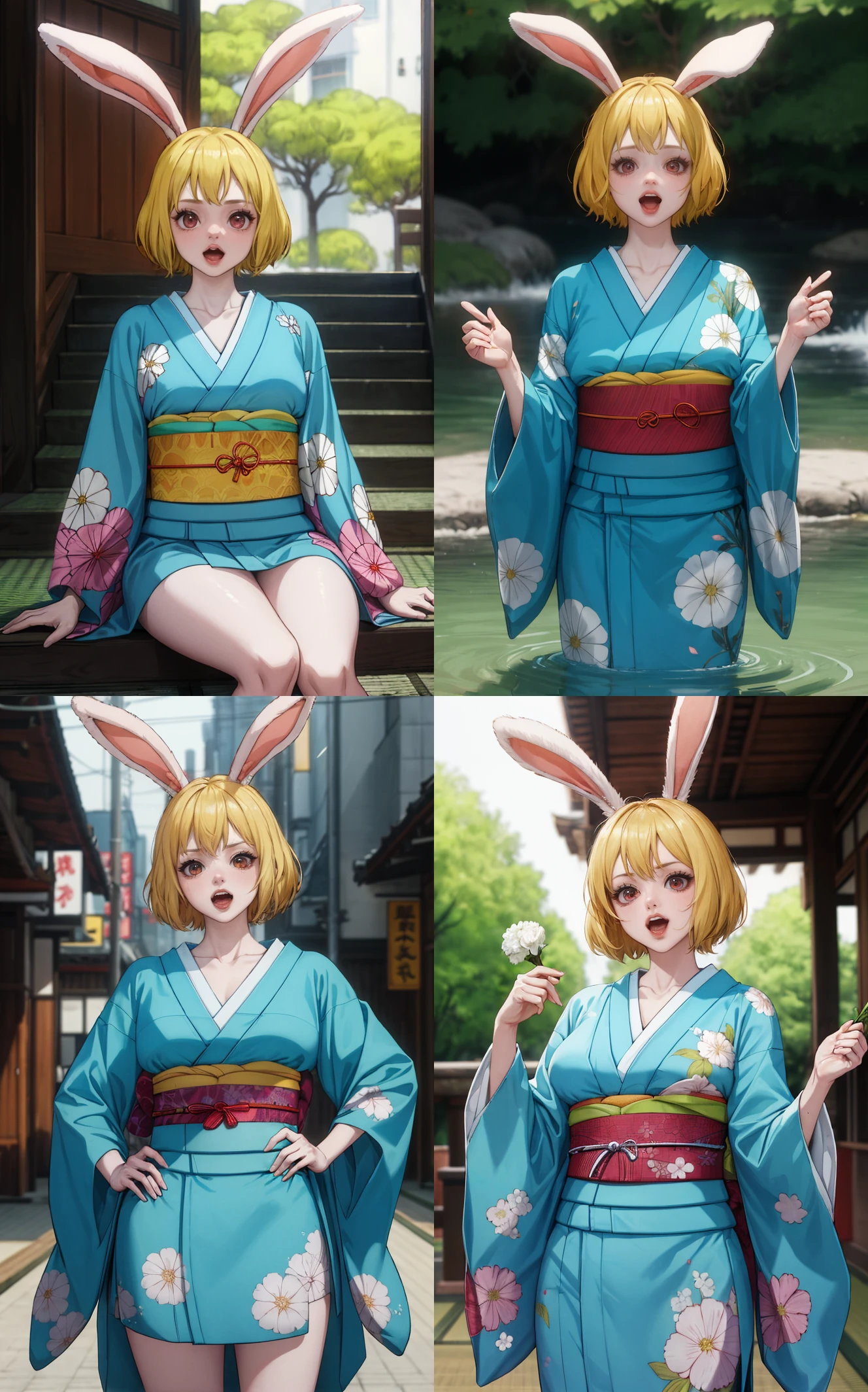 ((masterpiece, best quality)), outdoors,
Kimono_Wano_Carrot_ownwaifu,
1girl, blonde hair, rabbit girl, furry female, short hair, rabbit tail,  large breasts, rabbit ears, animal ears, collarbone, red eyes, white fur, animal nose, body fur, buck teeth, bangs, groin, white skin, 
japanese clothes, kimono, obi, sash, floral print, 
{(sitting on stairs)<lora:ONEPIECE_Wano_Carrot_ownwaifu:1>|(wading, water)<lora:ONEPIECE_Wano_Carrot_ownwaifu:0.9>|(contrapposto, hand on hip)<lora:ONEPIECE_Wano_Carrot_ownwaifu:0.8>|(wariza)<lora:ONEPIECE_Wano_Carrot_ownwaifu:0.7>},
 depth of field, bokeh, vanishing point, solo, looking at viewer, insaneres, absurdres,