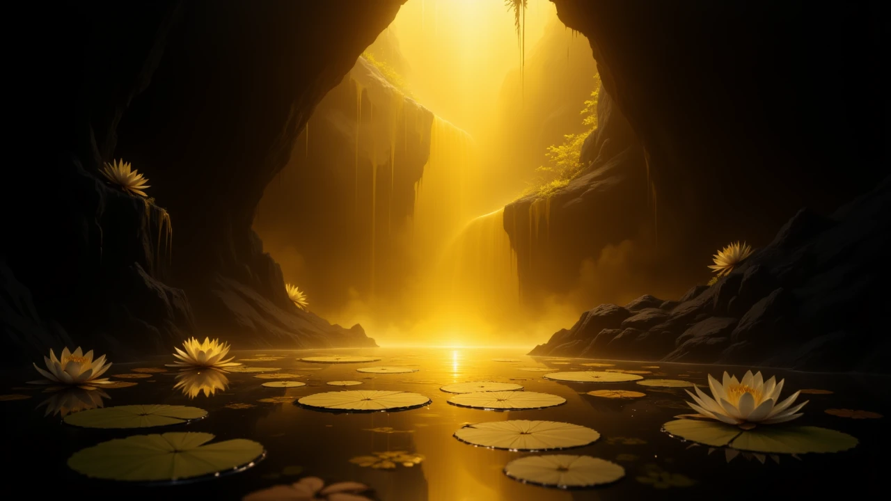 golden rays shine down from above to illuminate a pool of golden liquid within a dark cave, lilypads, darkness, background blur, dutch angle, golden ratio, looking down from above