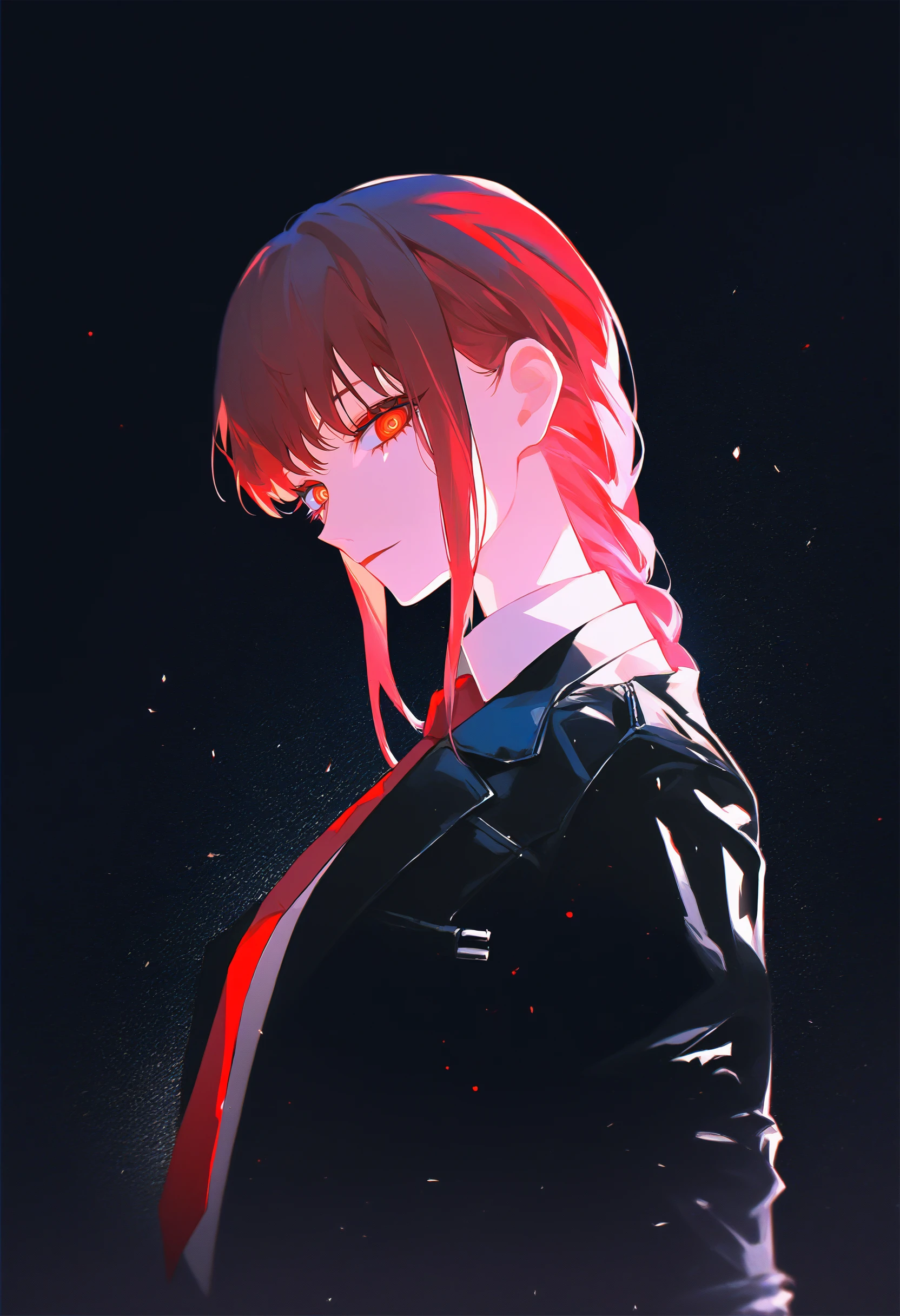 dark, black theme, spot color, red eyes, looking at viewer, makima \(chainsaw man\), jacket, necktie, black background, from side, high contrast, indoors, impasto,
score_9, score_8_up, score_7_up, score_6_up, source_anime, absurdres, masterpiece, best quality, very aesthetic
<lora:pony_color_theory_dora_v1:1.1>