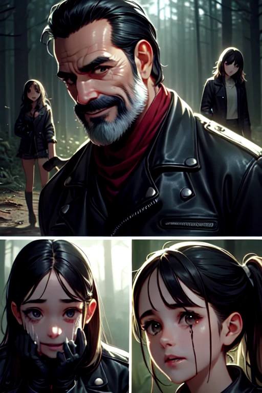 multiple views, close-up, negan, holding weapon, 1guy, facial hair, undercut, red scraf, black leather jacket, black gloves, narrow waist, slender man, 1girl, 2girls, multiple girls, fear, scared, crowd, truck, night, forest, realistic, <lora:girlhatenegan:0.9>