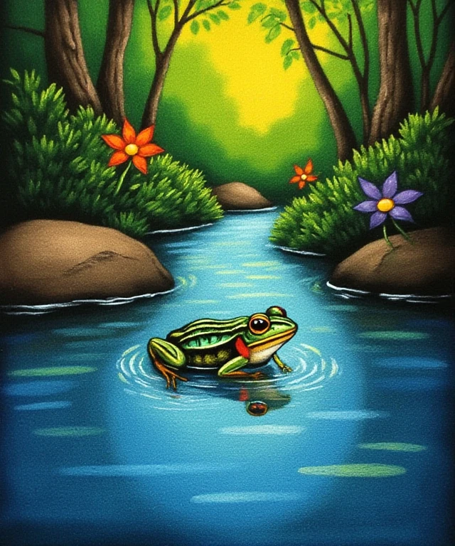 simple hispanic style painting of a poisonous frog swimming in a small river in the forest. Rim lighting. Very festivly colorful. You can see the texture of the velvet and the brush strokes of the paint.