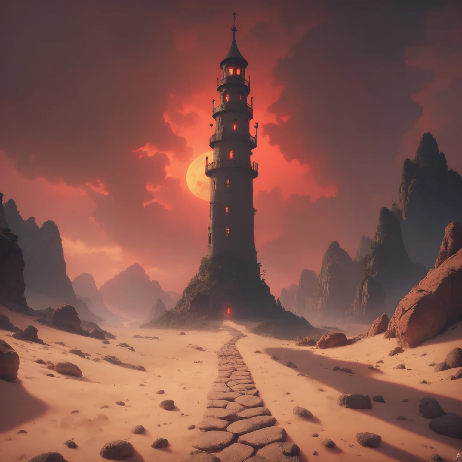 black tower, red theme, setting sun, craggy black mountains, black rocks, path, sand, <lora:ponyfire:1>, elementalplanefire, BREAK score_9, score_8_up, score_7_up, best quality, masterpiece, 4k, prefect lighting, very aesthetic, zPDXL2