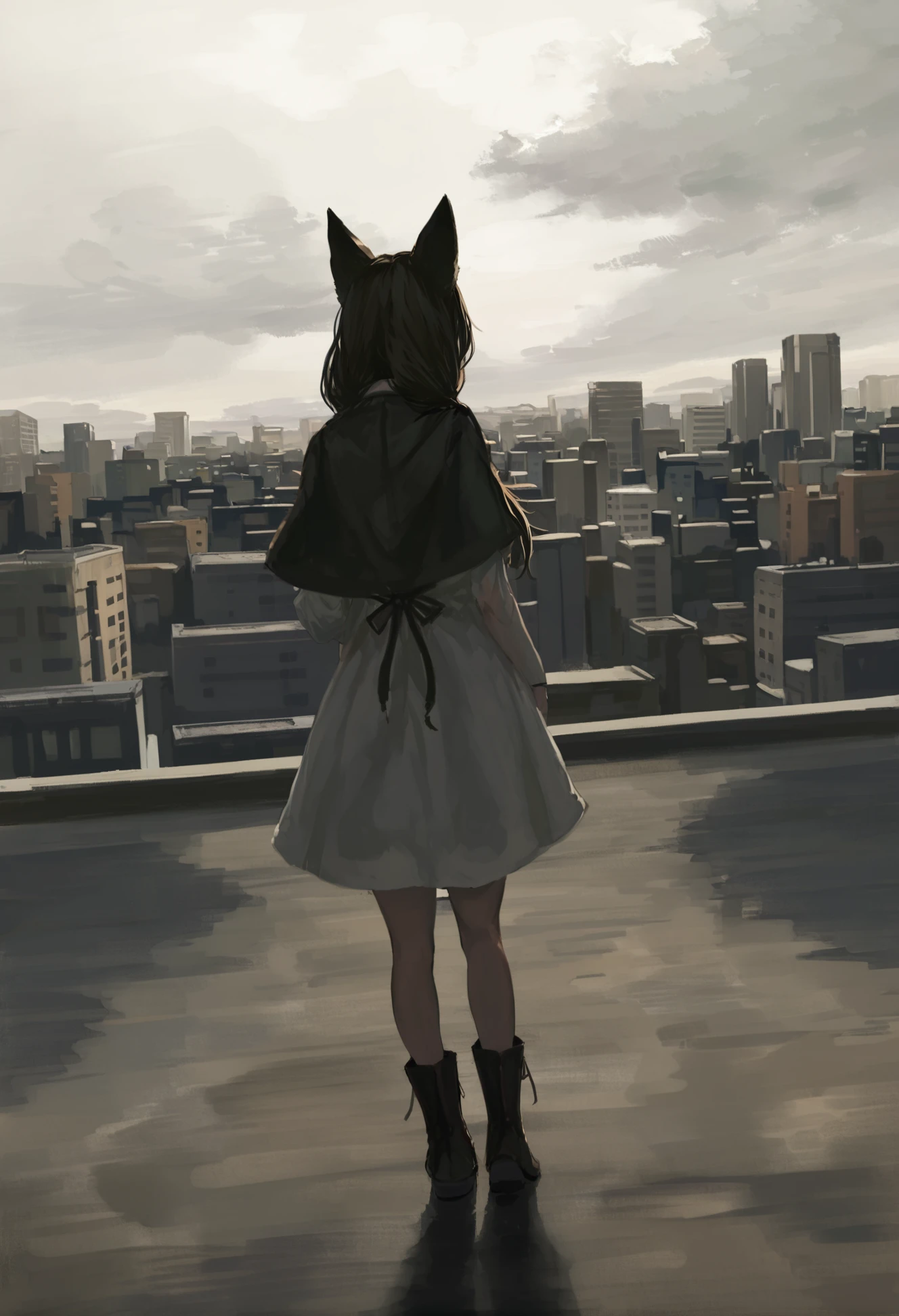 masterpiece, best quality,1girl, solo, long hair, animal ears, scenery, looking back, dutch angle, outdoors, very long hair, capelet, dress, from behind, looking at viewer, fantasy, sky, city, fox ears, standing, building, cloud, cityscape, low-tied long hair, boots 
  <lora:darumakareiXLlokr4f-000184:0.95>