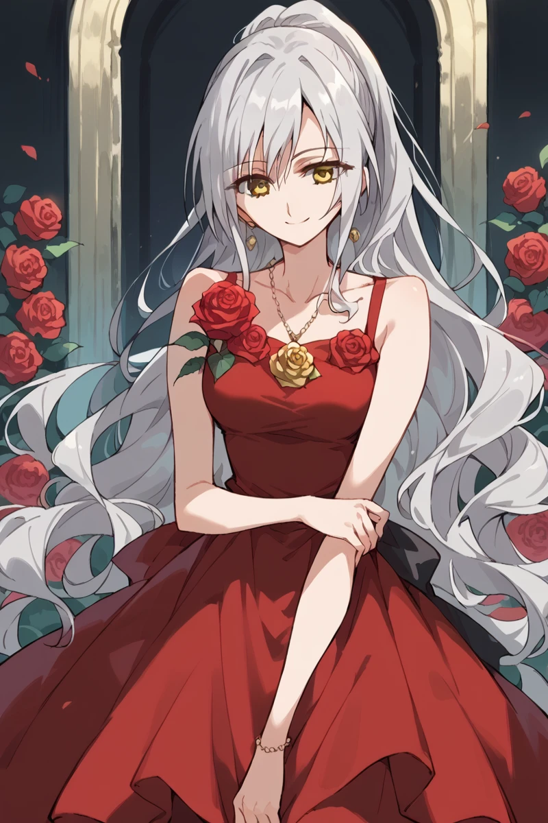 score_9, score_8_up, score_7_up, score_6_up,
 <lora:Shizuma_Hanazono:1> shizuma, 1girl, long hair, solo, dress, red dress, rose, flower, very long hair, anime coloring, necklace, grey hair, dress, yellow eyes, rose, smile, ponytail, bare shoulders, white rose, collarbone