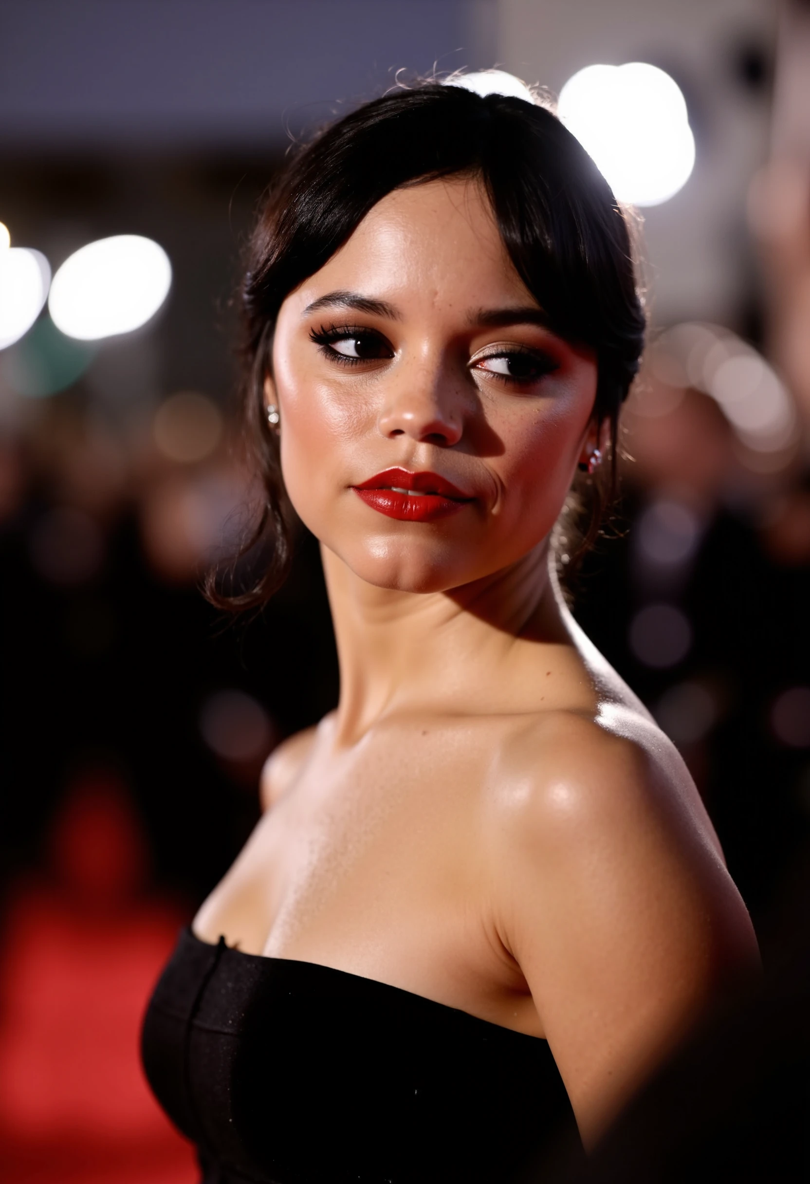 The close-up photo captures actress Jenna Ortega walking down the red carpet. She exudes confidence, her makeup flawless with a bold red lip and smoky eye. Her dark hair is styled sleek and straight, framing her face perfectly. She's wearing an elegant black gown, the black fabric shimmering under the bright lights. Jenna's eyes are focused ahead, a subtle smile on her lips, and behind her, the blurred flashes of cameras and a sea of onlookers complete the glamorous scene.