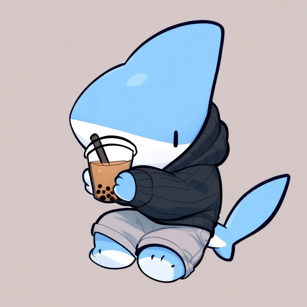 score_9_up, score_8_up, score_7_up, chibi, shark, chbi chark, solo, holding, bubble tea, black sweater, gray shorts, blue body