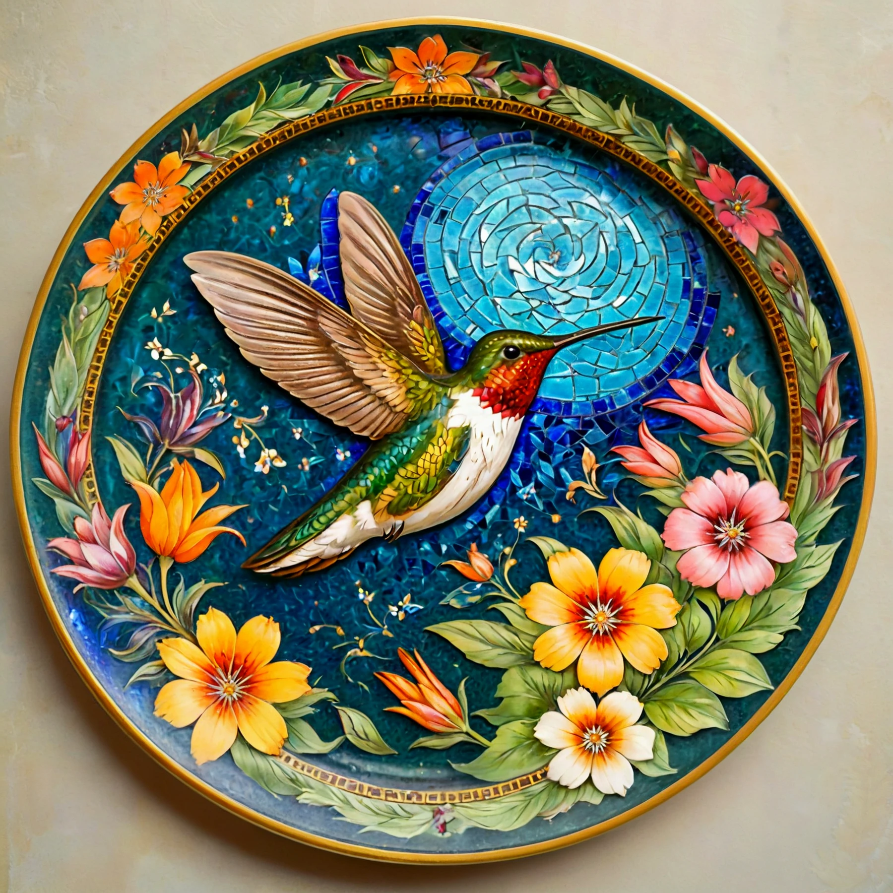 A hummingbird hovering in the air at a flower.

A floral mosaic plate border.

<lora:FantasyCeramic02-00_CE_SDXL_128OT:0.8> fntsycrmcCE