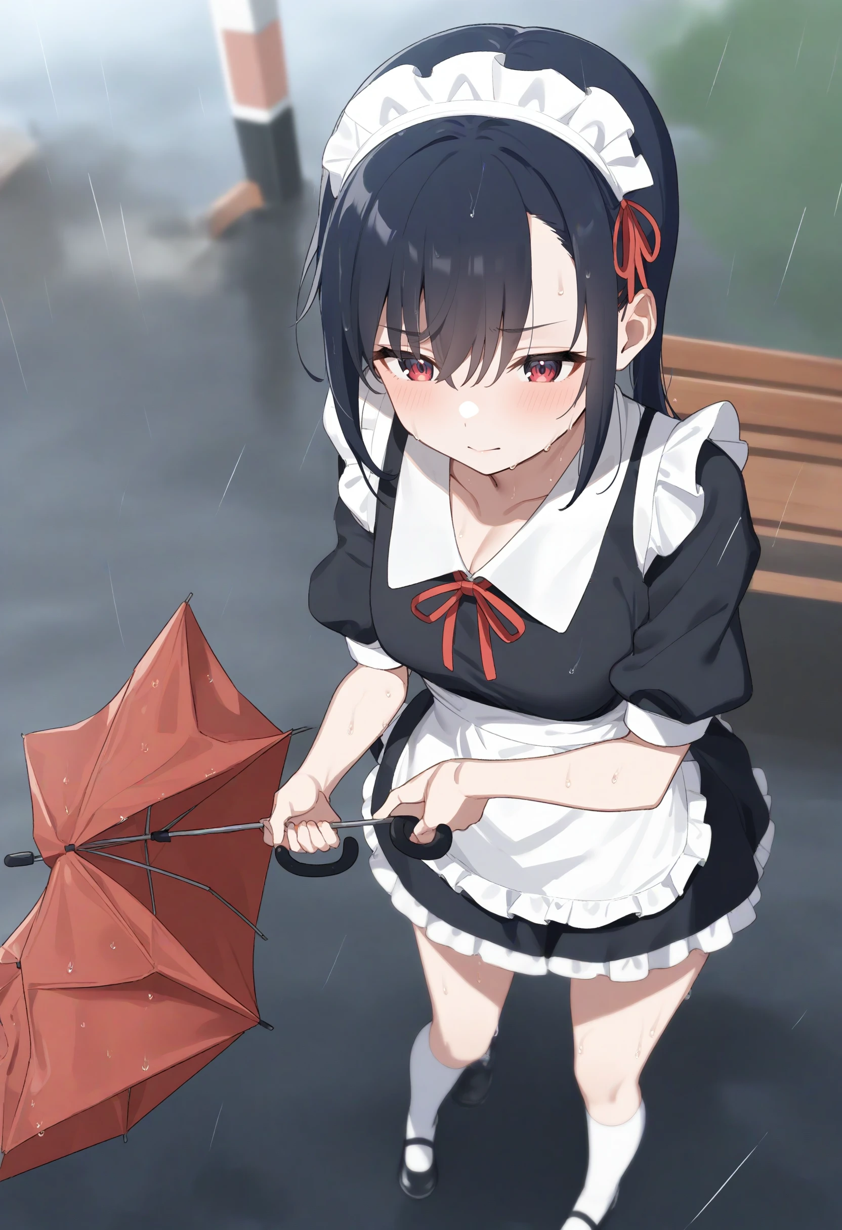 1girl,sincos, ningen mame, toosaka asagi,solo,medium breasts,20yo,maid,maid headdress,
cloudy sky ,floating hair ,leaning to the side,typhoon, storm ,raincoat,broken umbrella,umbrella,holding umbrella,rain,outdoors,wet,wind,wind lift, leaning forward, <lora:brokenumbrella_XL_v1:0.8>
from above, fisheye lens, looking away, black hair, red eyes,seductive smile, harbor, closed mouth, hime cut hair,,
best quality, very aesthetic, absurdres