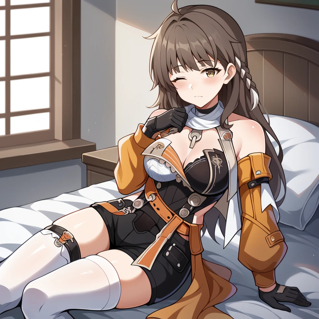 score_9_up, score_8_up, score_7_up, source_anime, masterpiece, best quality, 1girl, solo, Dreamseeker, DS_Fem, big window, sun light, lying down on bed, sleepy, head on pillow, messy hair, bend knee, raised hand, wink,  long hair, brown hair, braided ponytail, hair ornament, bare shoulders, shoulder cutout, orange jacket, two-tone bra, white bra, black bra, black leotard, black shorts, short shorts, white scarf, black choker, chest strap, clevage, side cutout, belt, orange belt, black gloves, long sleeves, orange sleeves, white thighhighs, single thighhigh, single leg pants, asymmetrical legwear, mismatched legwear, mature body, dynamic cowboy shot, indoors, bedroom background