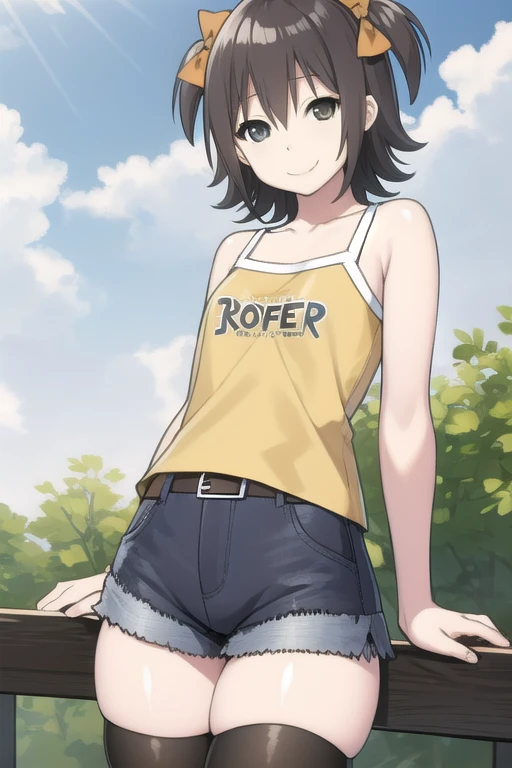 ((masterpiece)),(best quality),official art,extremely delicate and beautiful,extremely detailed CG,unity 8k wallpaper,ultra detailed,beautiful detailed eyes,extremely detailed face,outdoors,1girl,solo,cowboy shot,looking at viewer,facing viewer,smile,Sky,brown hair,short hair,two side up,hair bow,brown bow,hair between eyes,grey eyes,collarbone,bare shoulders,tank top,yellow camisole,clothes writing,small breasts,white belt,grey shorts,short shorts,denim shorts,shorts rolled up,thighs,zettai ryouiki,black thighhighs,loafers,<lora:Sky(Sky-Freedom):2>,