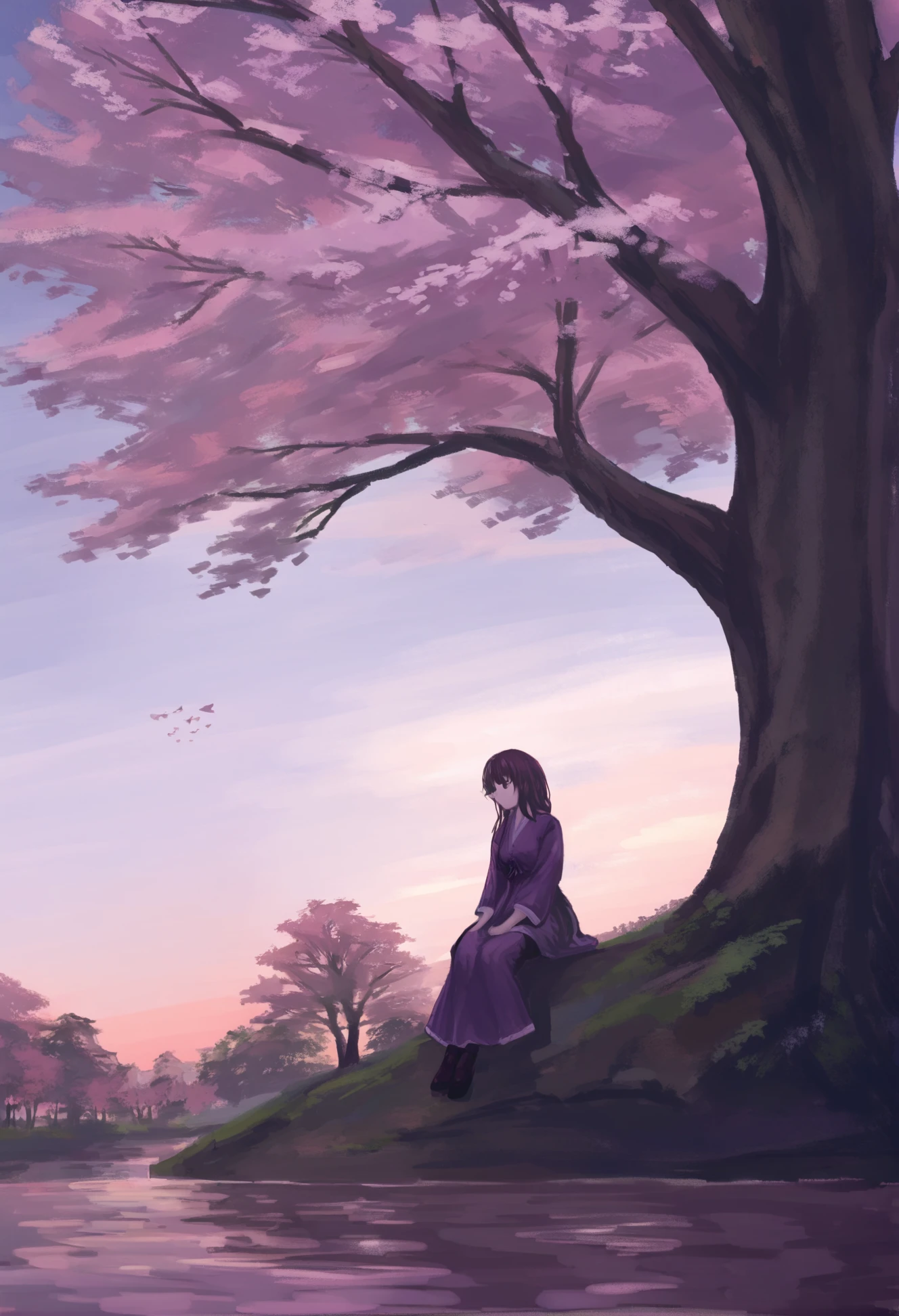 masterpiece, best quality,1girl, solo, tree, scenery, sitting, sky, cherry blossoms, outdoors, purple theme, long hair, dress, wide shot 
  <lora:darumakareiXLlokr4f-000184:0.95>