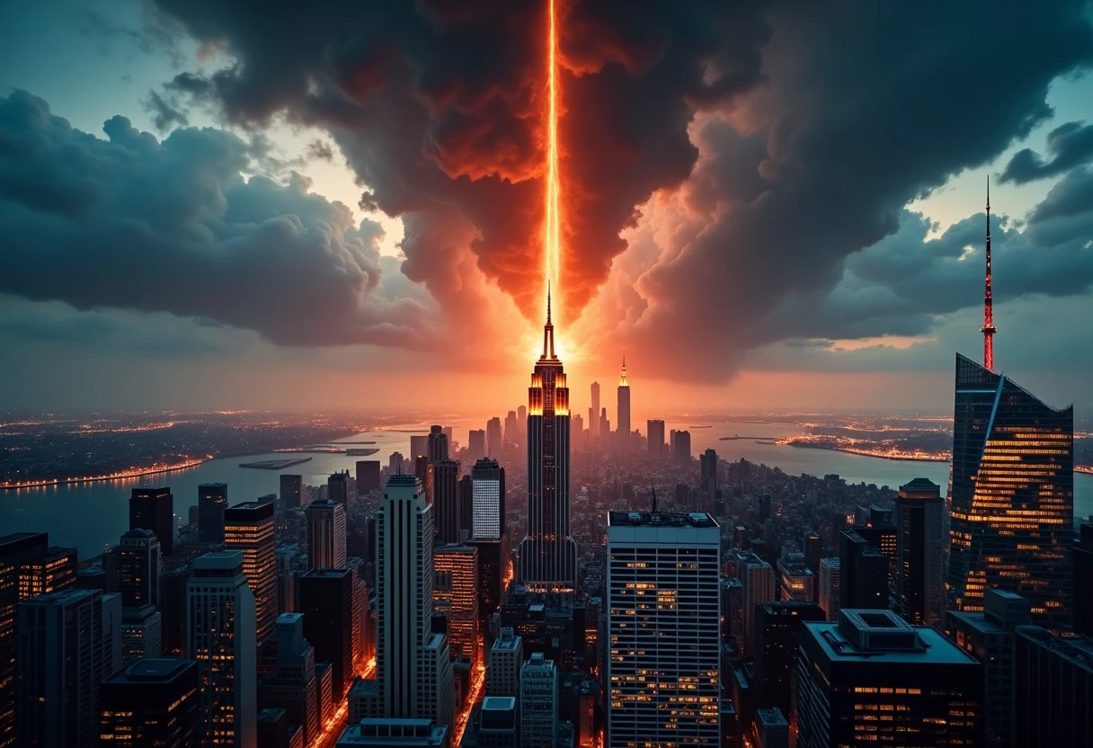 RAW photo, (photo flash:1.5) (aerial photography) (dramatic style), realistic shot, realistic photo style, sharp focus, an orbital attack from the sky strikes New York City, huge black beam ray striking the ground with explosions and fire, dark cloudy sky opened by the ray with an electric shockwave, white lighted horizon, cinematic volumetric lighting, wide shot with Sony Fx6