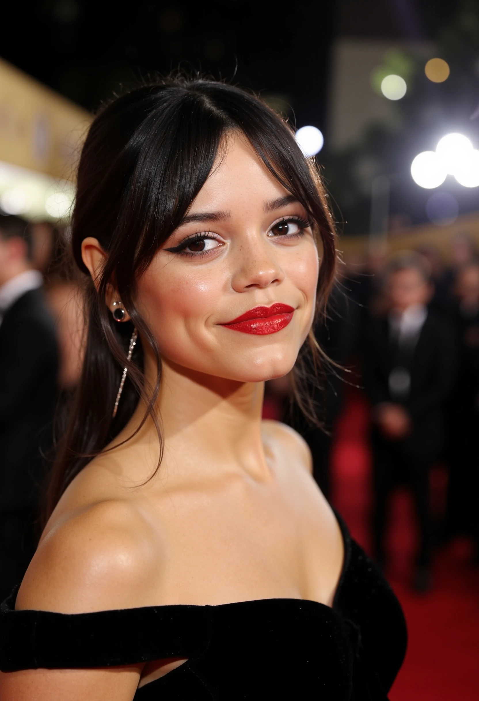 The close-up photo captures actress Jenna Ortega walking down the red carpet. She exudes confidence, her makeup flawless with a bold red lip and smoky eye. Her dark hair is styled sleek and straight, framing her face perfectly. She's wearing an elegant black gown, the black fabric shimmering under the bright lights. Jenna's eyes are focused ahead, a subtle smile on her lips, and behind her, the blurred flashes of cameras and a sea of onlookers complete the glamorous scene.