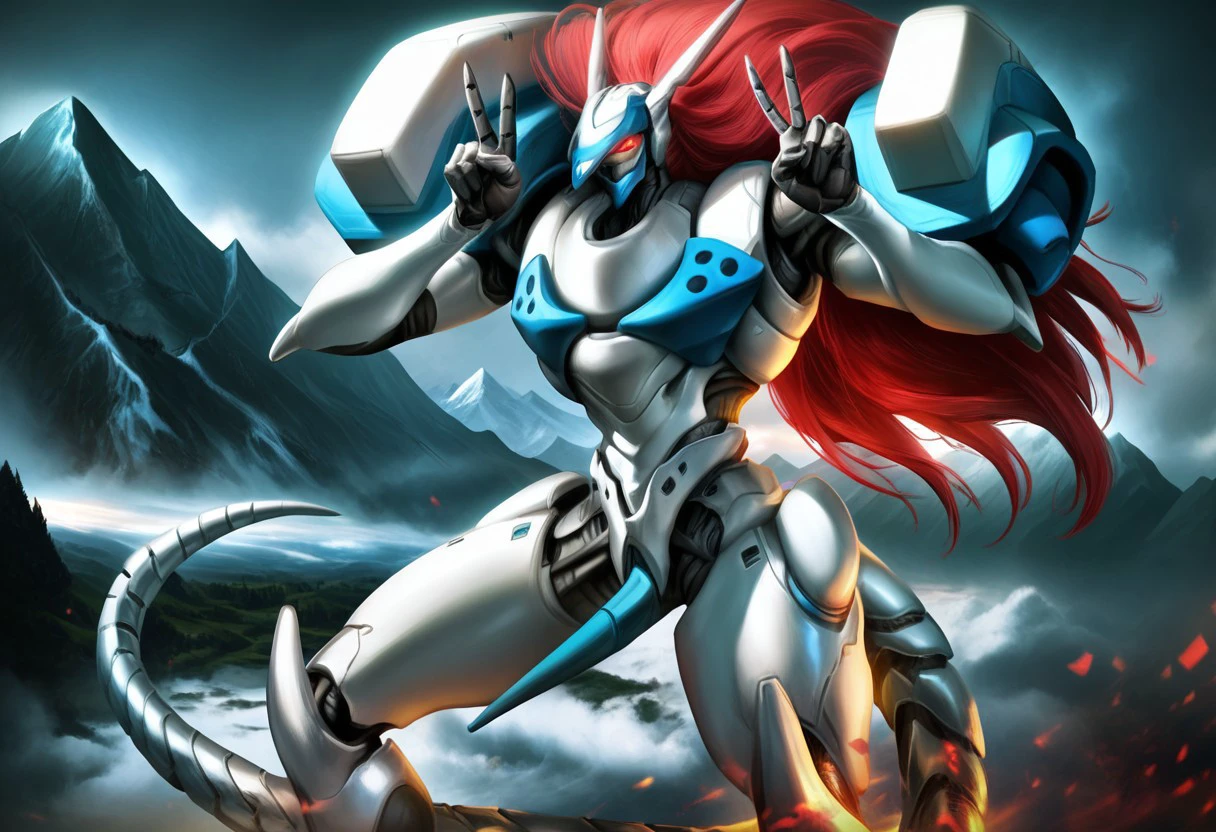 score_9, score_8_up, score_7_up, solo,  Expressiveh, ((5 fingers)) (JusticeGG, red hair, long hair, white body, robot, mecha, red sclera, no pupils, mechanical tail), standing, mountaintop, mountains, afternoon, looking at viewer, (peace sign) glowing eyes, detailed background, 4k, masterpiece, best quality, highly detailed, realistic